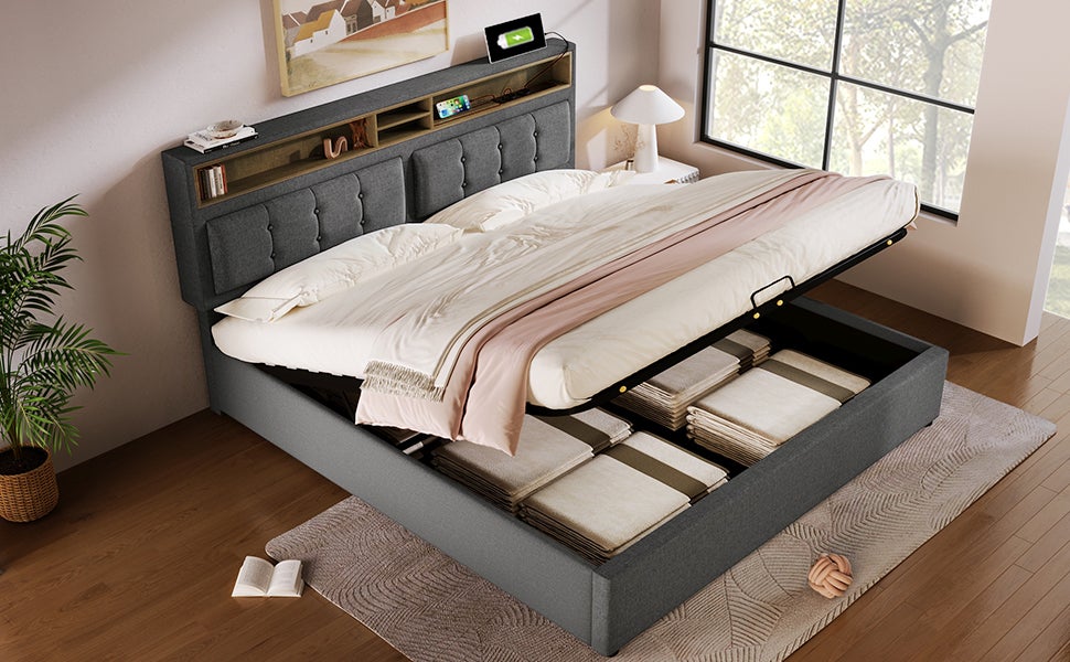 Lit rembourré lit double avec prise USB C fonction de charge tête de lit, lits de rangement cadre de lit en lin lit jeune 140x200 avec sommier à lat - 7