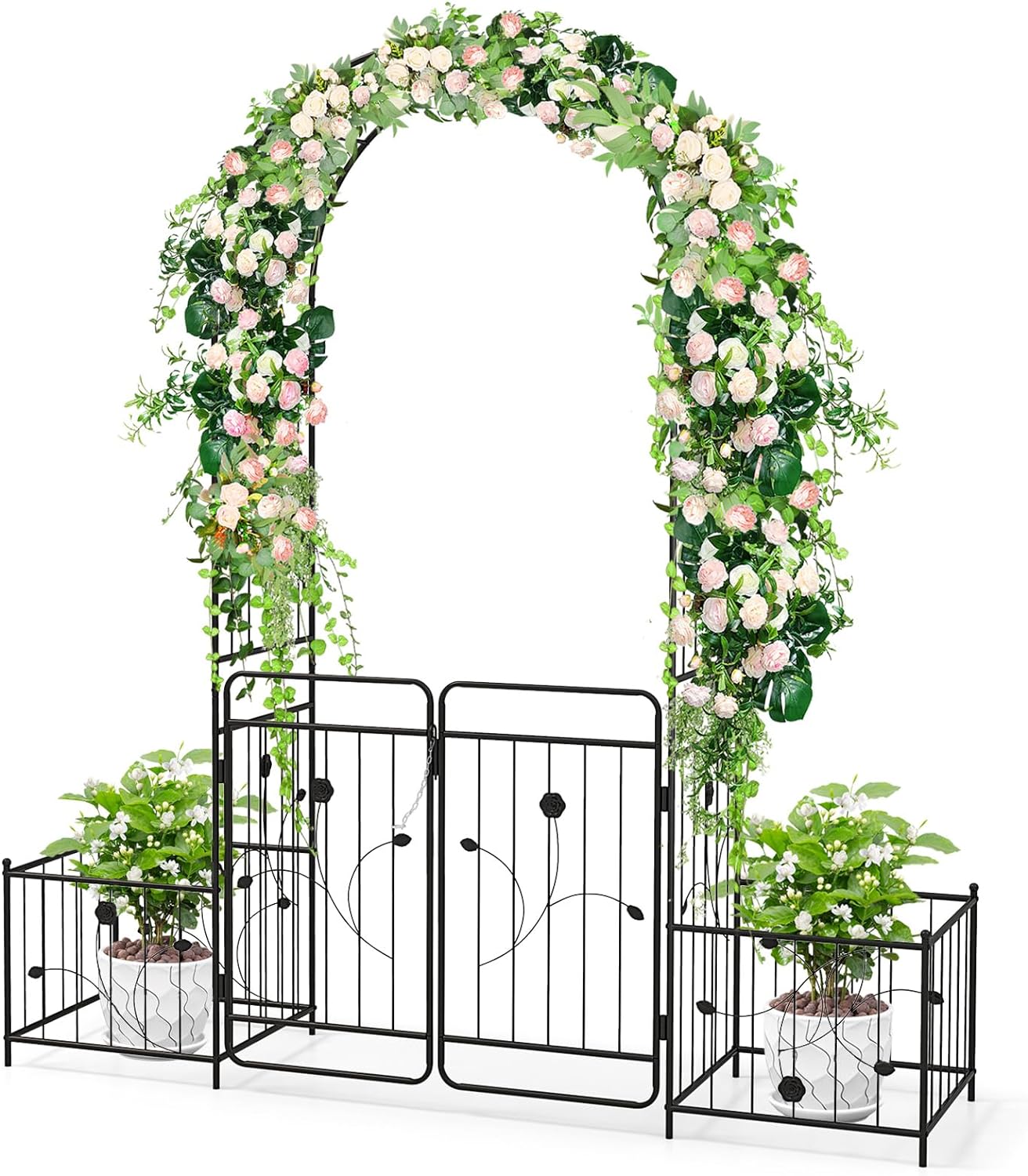 Arcă de grădină metalică cu 2 jardiniere laterale și poartă cu încuietoare – Pentru viță de vie, nunți și ceremonii – 202 x 50 x 220 cm