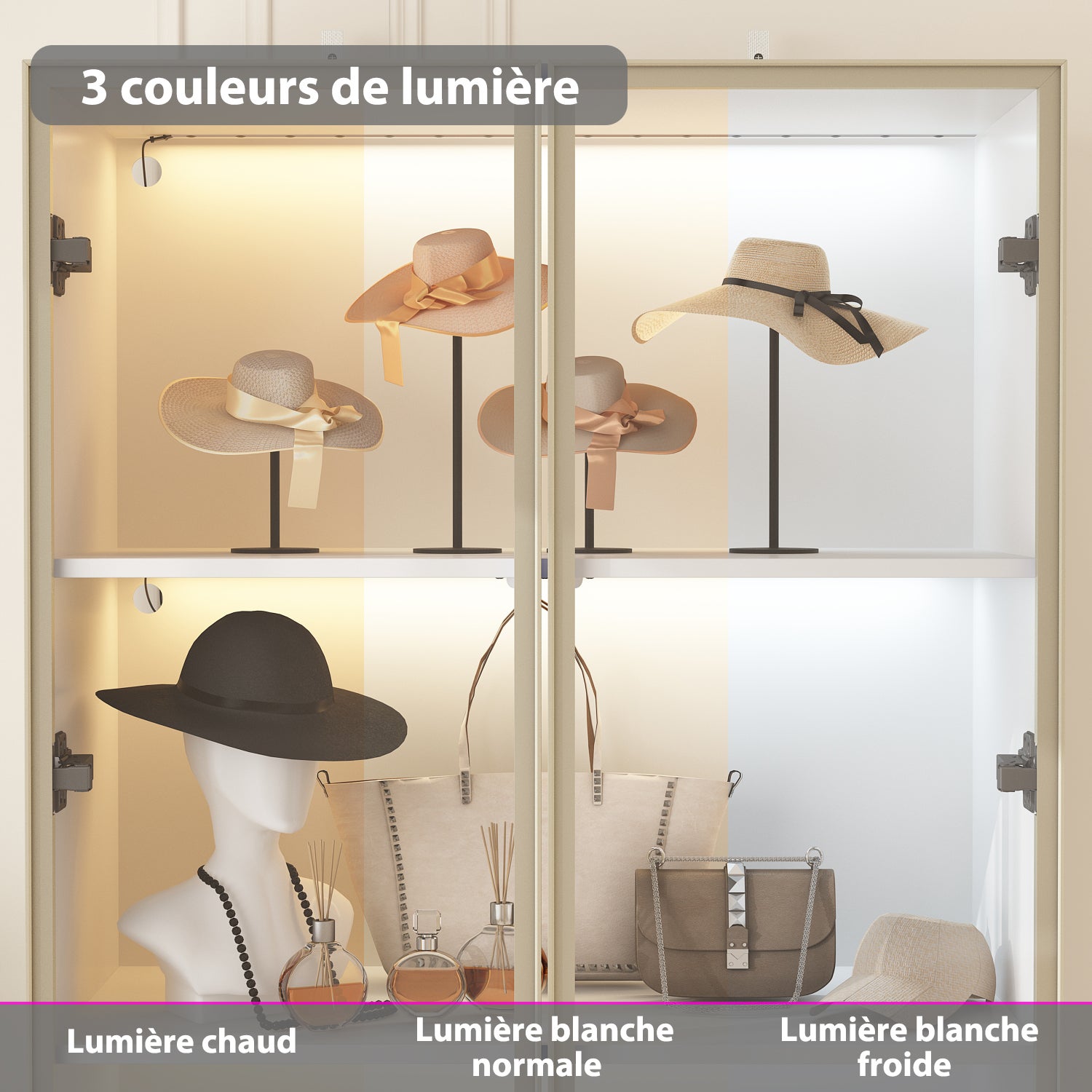 Vitrine avec LED et Portes en Verre Meuble de Rangement en Verre Debout avec 4 étagères Design Pop-up 80x40x160cm Blanche - 3