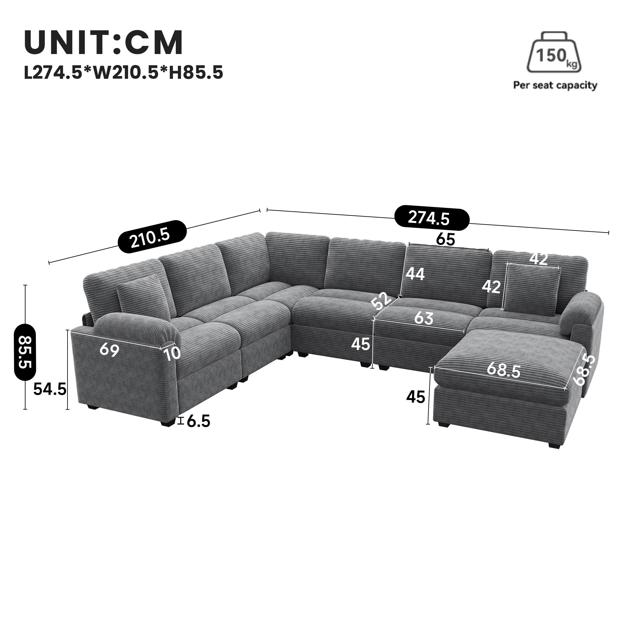 Canapé d’angle modulable 7 places 274,5x210,5x85,5 cm avec pouf + coussins, grand canapé salon, tissu velours côtelé, gris - 5