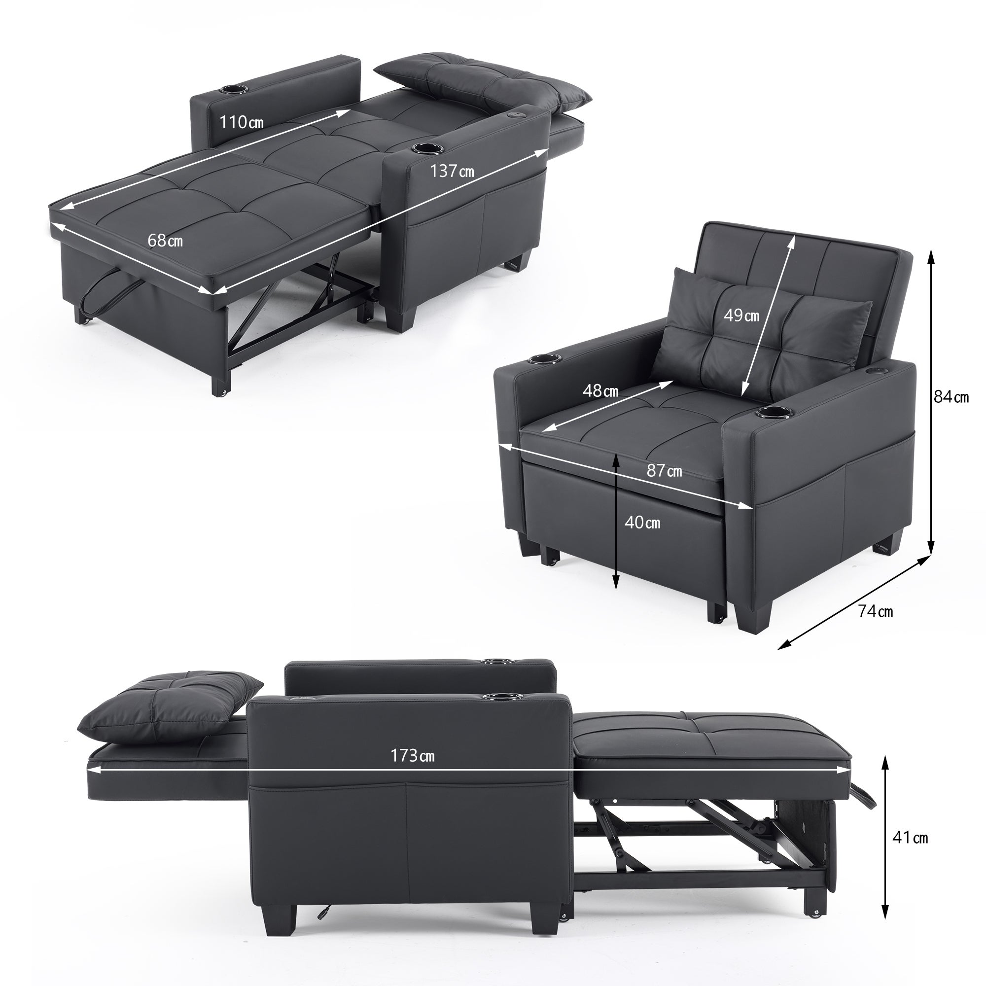 Canapé-lit simple convertible 3 en 1 avec porte-gobelets et port USB , Fauteuil avec 1 Oreiller, Poche de Rangement Latérale, Noir - 2