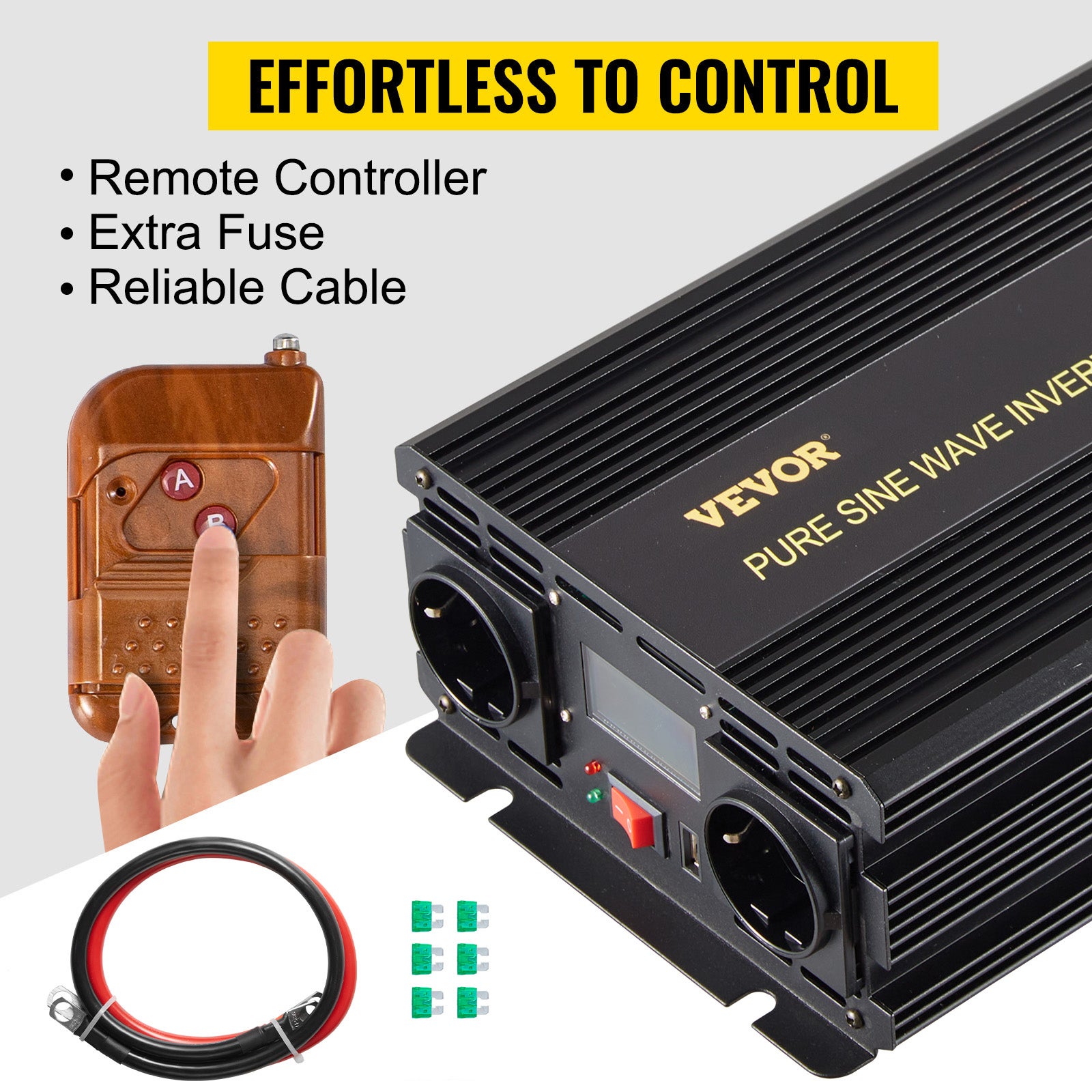 Onduleur à Onde Sinusoïdale VEVOR Pure DC 12V à AC 230V 2500W Convertisseur de Tension Pure Protections de Sécurité avec Télécommande Câble écran LCD - 5