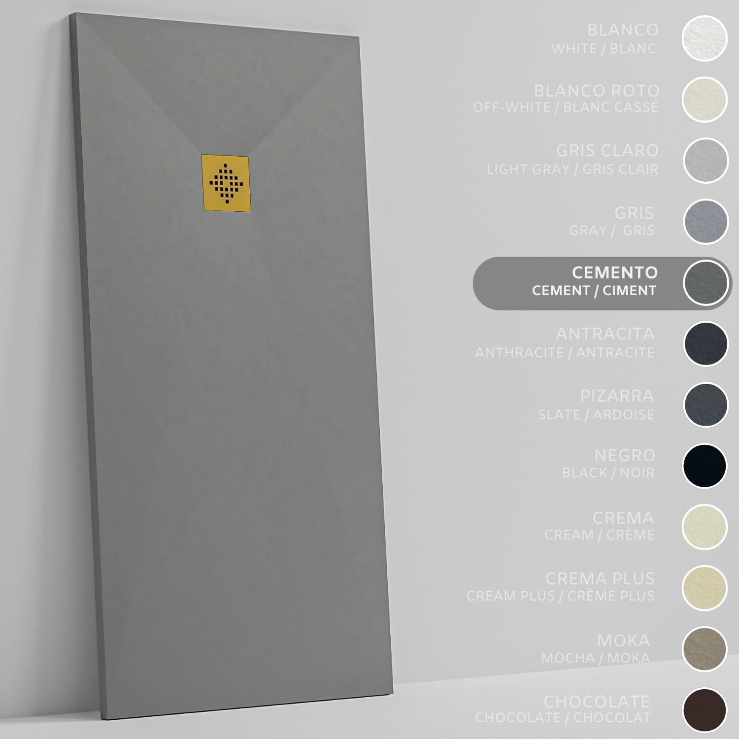 SOULHOME Brodzik prysznicowy– Żywica– Gel Coat– Gładka/Kamienna tekstura – Antypoślizgowy – cementowoszary – 70X70- Niski 3 cm– Ruszt Złoty