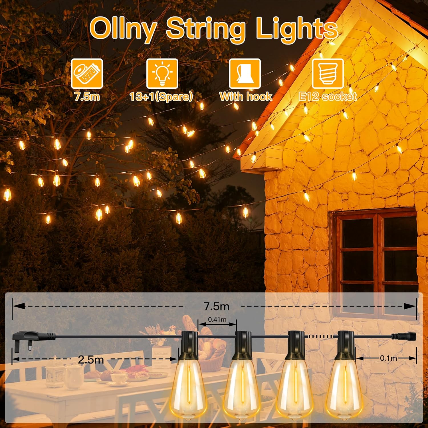 Guirlande lumineuse d'extérieur 7,5 m, LED, alimentée par secteur, avec prise/13+1 ampoules de rechange/crochet, éclairage blanc chaud brillant - 7