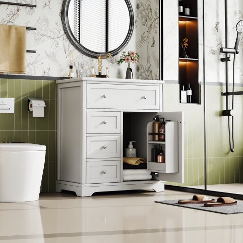 Meuble De Salle De Bain Avec Vasque Intégrée 76x46x87 Cm - Blanc, 1 Porte, 4 Tiroirs, Résistant à L'humidité - 7