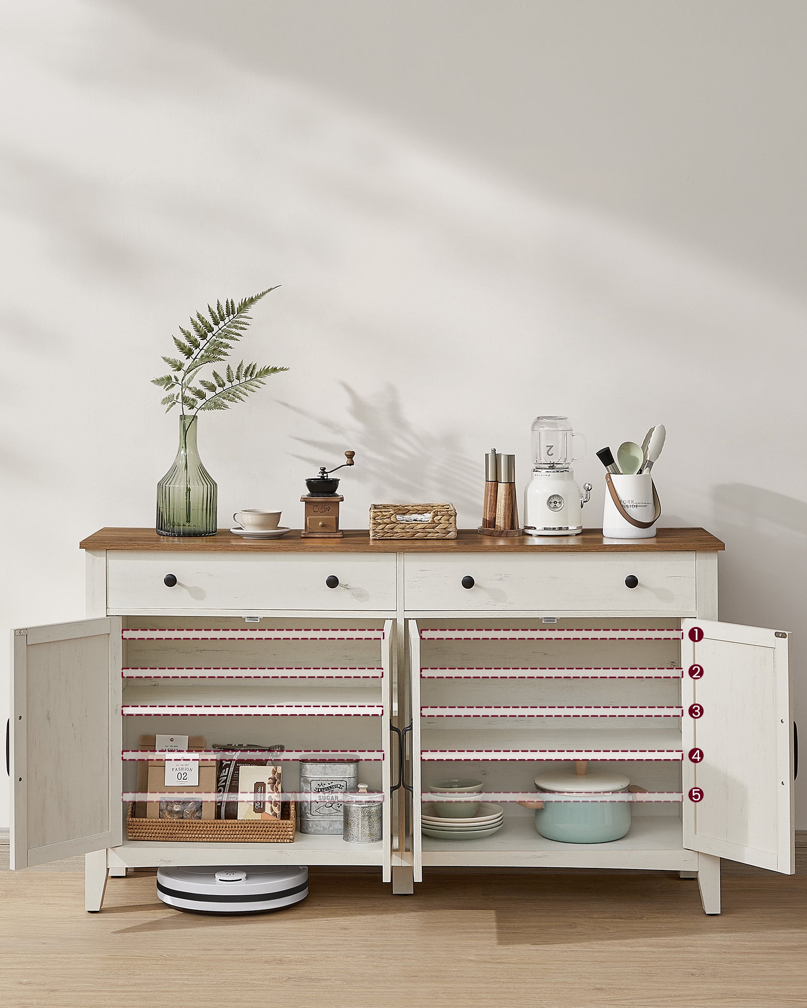 Buffet, Meuble de Rangement avec Tiroir, avec Portes, Étagère Réglable, Style Campagne, 40 x 140 x 80 cm, Blanc Rustique et Marron Miel - 3