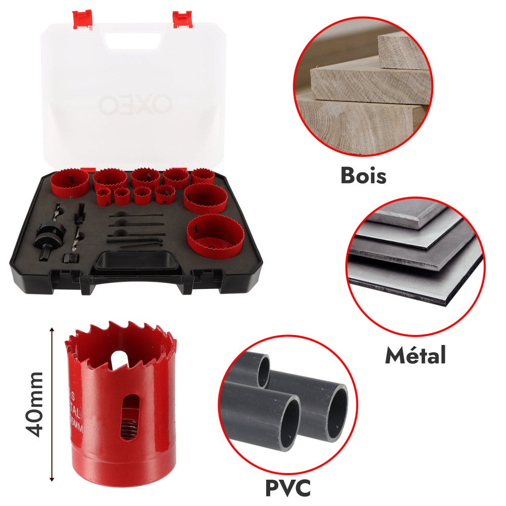 Coffret scie cloches Bi-métal HSS - 17 pièces - Diamètre 20 à 68 mm - Profondeur Coupe 40mm - Perçage métal - bois - PVC - 2