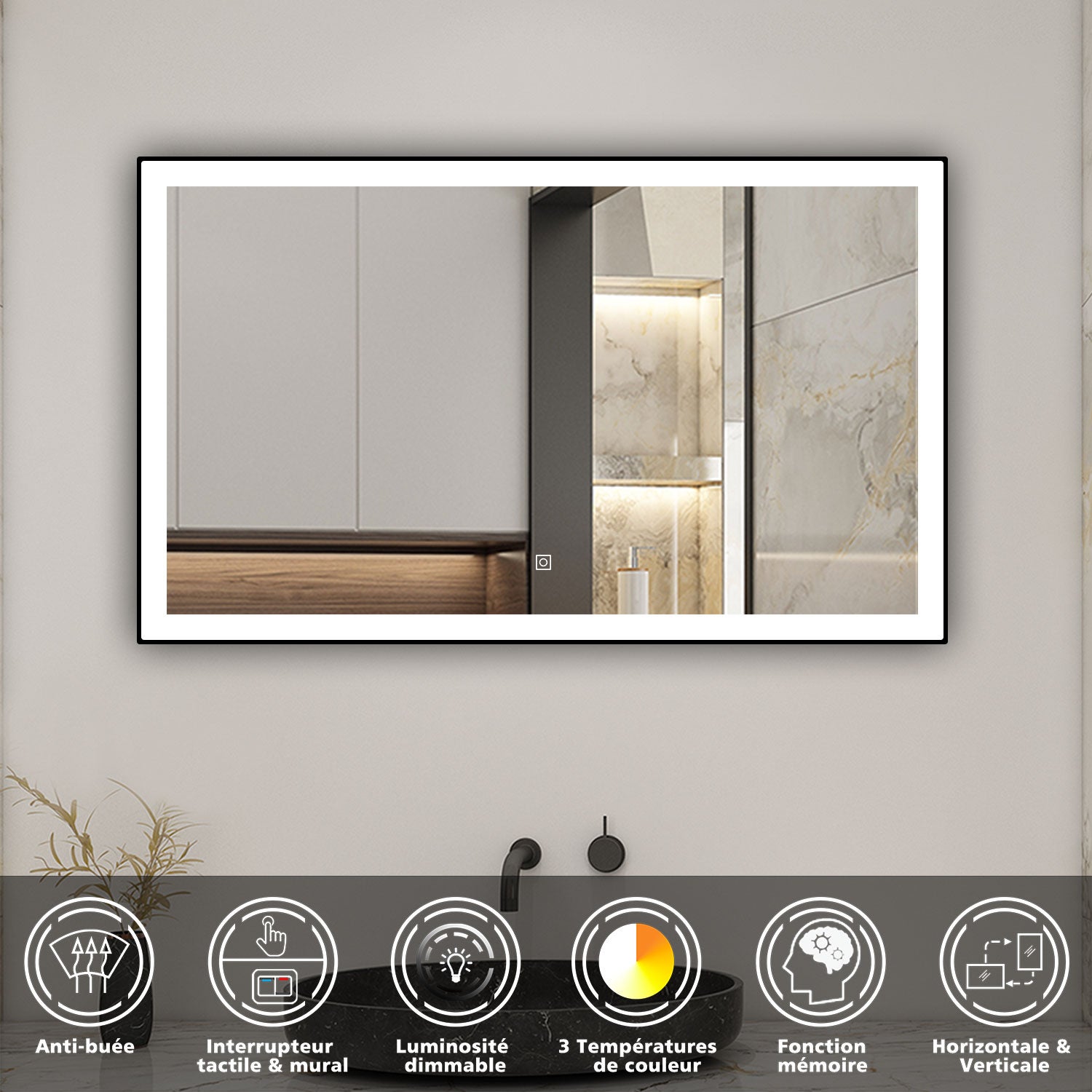 AICA Miroir lumineux 70x50cm 3 couleurs + dimmable + anti-buée + mémoire, miroir salle de bain LED - 2