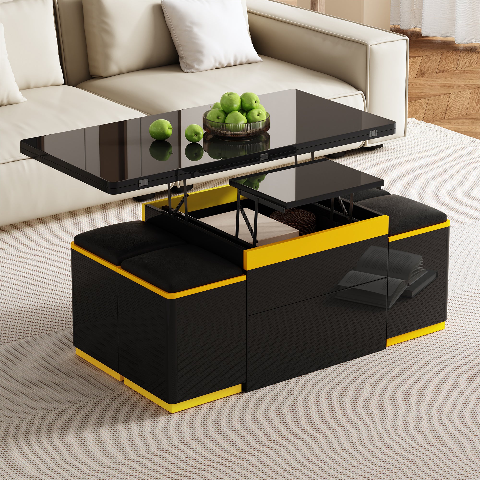 Stolik kawowy z podnoszonym blatem, 4 krzesłami i 2 szufladami – 100 x 50 x 43 cm – Płyta wiórowa + MDF – Czarny - 9