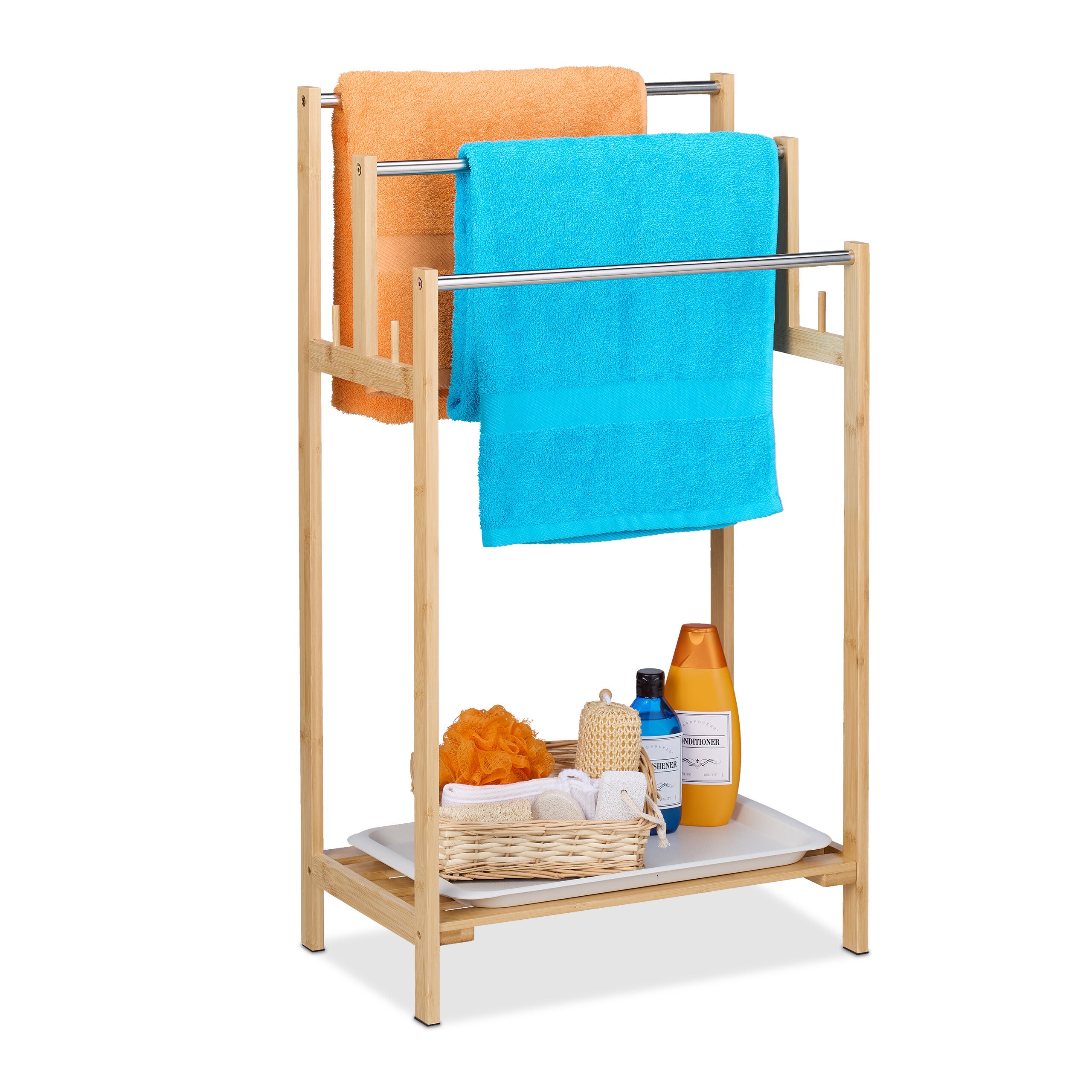 Portasciugamani Da Terra In Bambù - 3 Barre E Ripiano, 105x40x27 Cm, Per Bagno O Camera - Foto 7