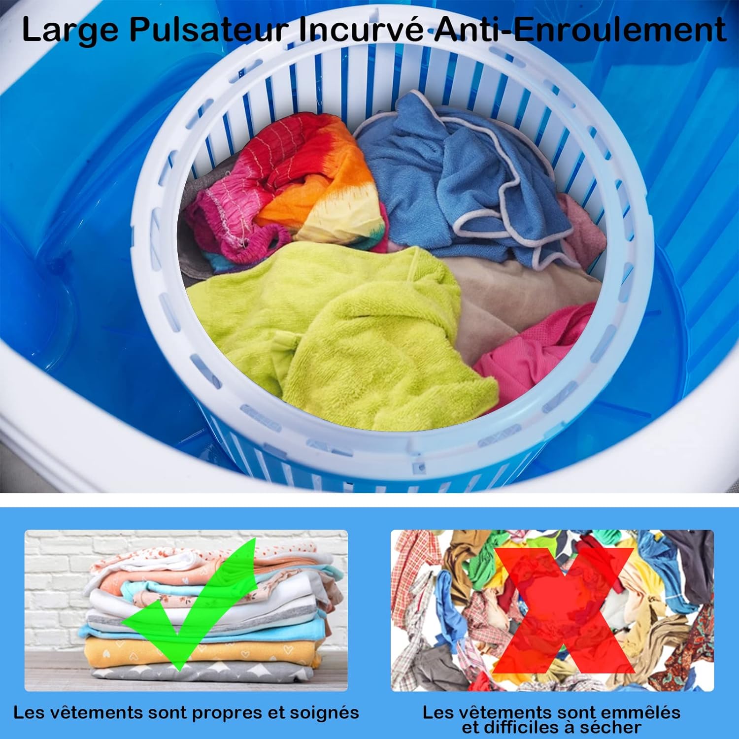 Mini lavadora de 2 kg con lavado rápido en 10 minutos - Lavadora semiautomática compacta y portátil - 36 x 34 x 51 cm, color azul - 5