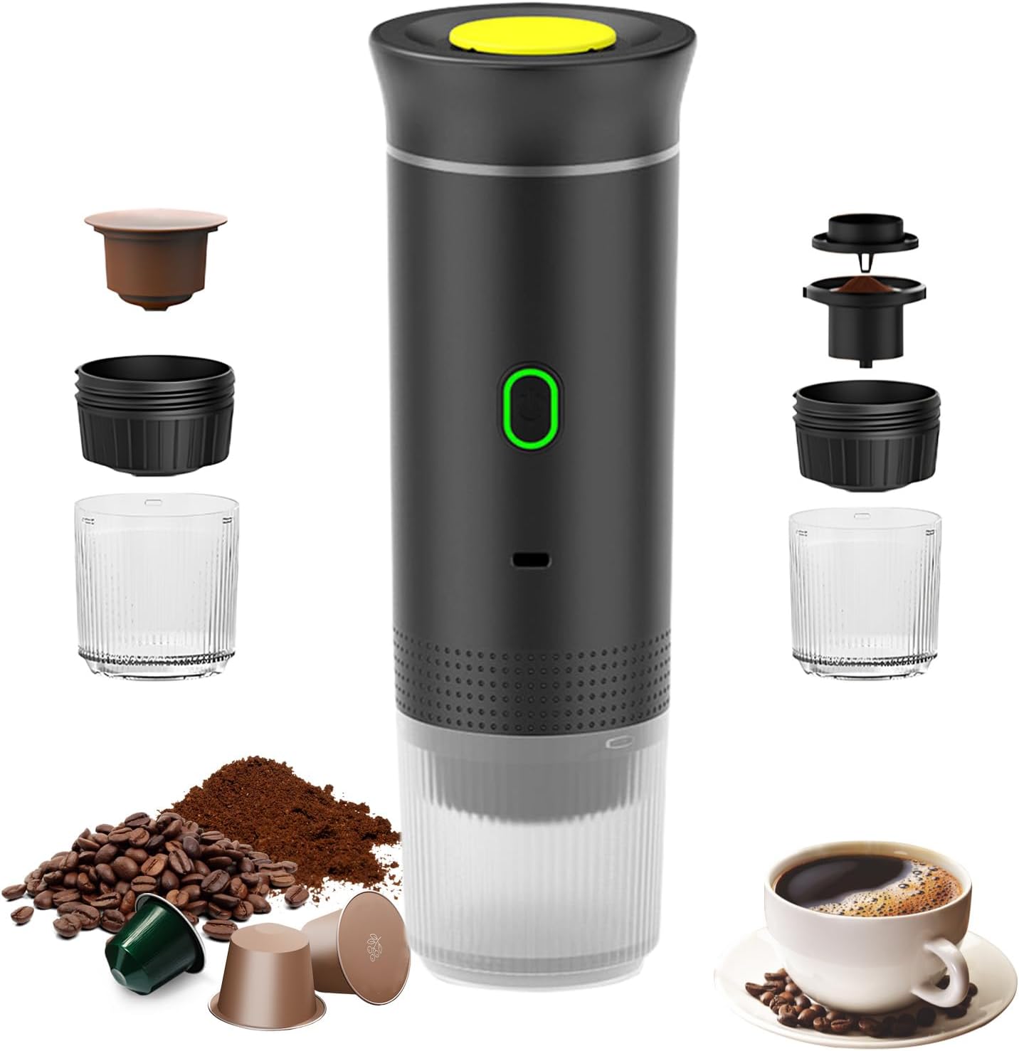 VHV Cafetière Portable 3 En 1 Rechargeable - Machine à Expresso Pour Voyage, Camping Et Voiture (Vert)