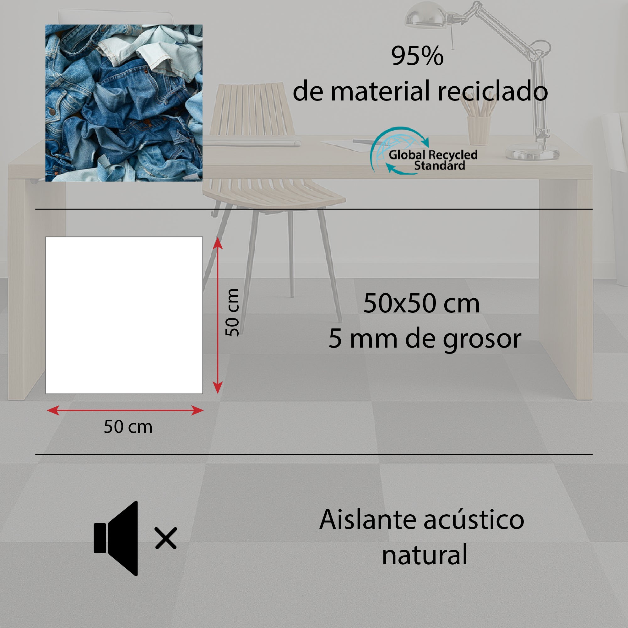 Panneaux moquette Acoustiques Textiles Modulaires Gris Clair 50x50 cm | Lot de 20 (5 m²) | Recyclés, Antidérapants et Doux | Modèle Eco Resonance - 4