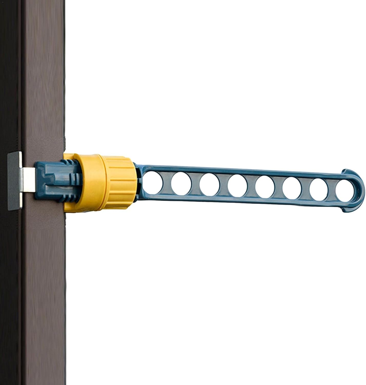 Niebieska suszarka do ubrań z ramą okienną, 8 otworami, wieszakiem zatrzaskowym, regulowanymi drążkami do prania, do użytku wewnątrz i na zewnątrz.