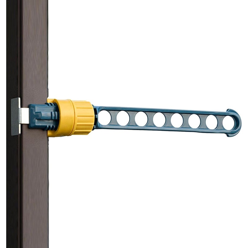 Niebieska suszarka do ubrań z ramą okienną, 8 otworami, wieszakiem zatrzaskowym, regulowanymi drążkami do prania, do użytku wewnątrz i na zewnątrz.