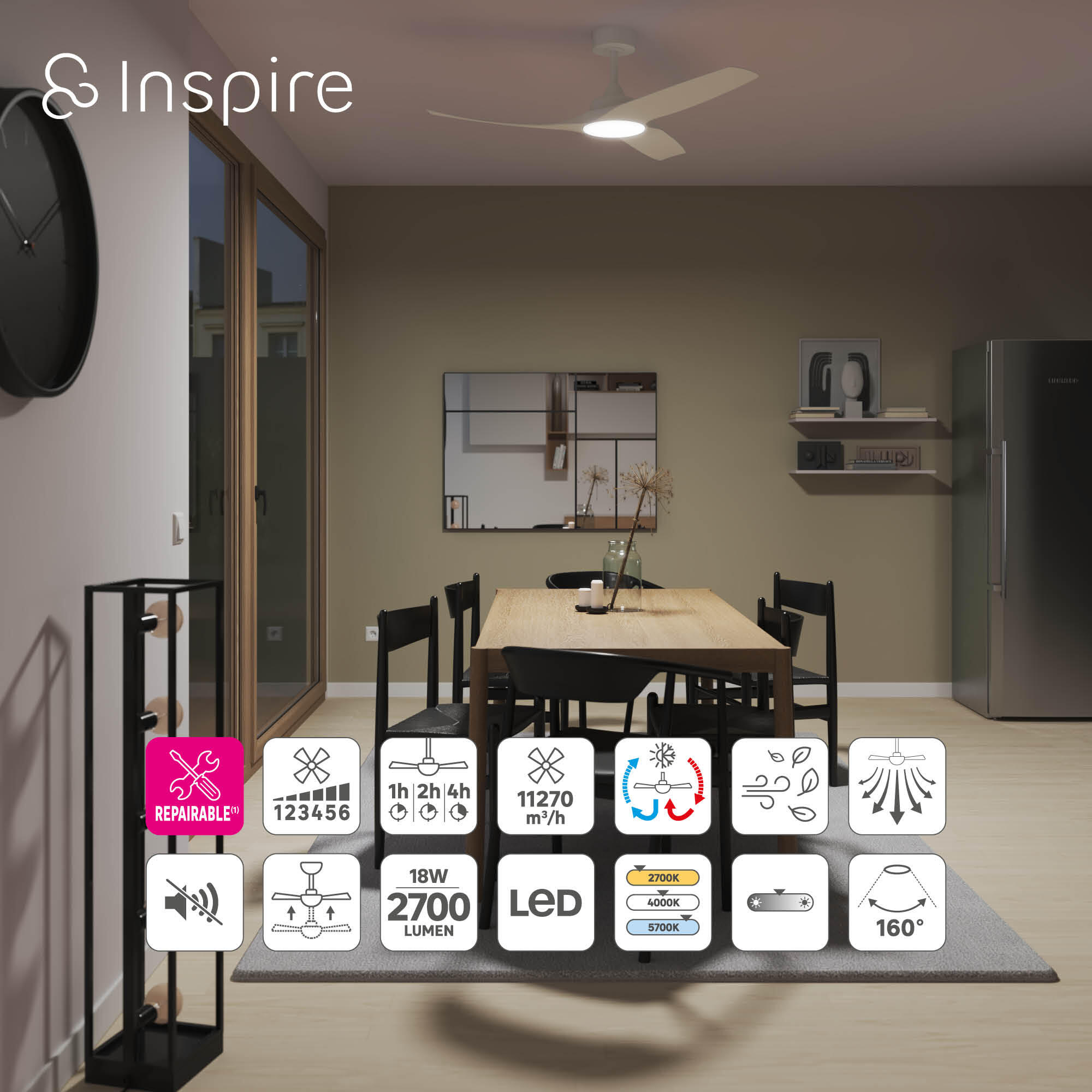 Ventoinha led TOKYO 132cm 2500LM regulável metal branco Inspire - 3