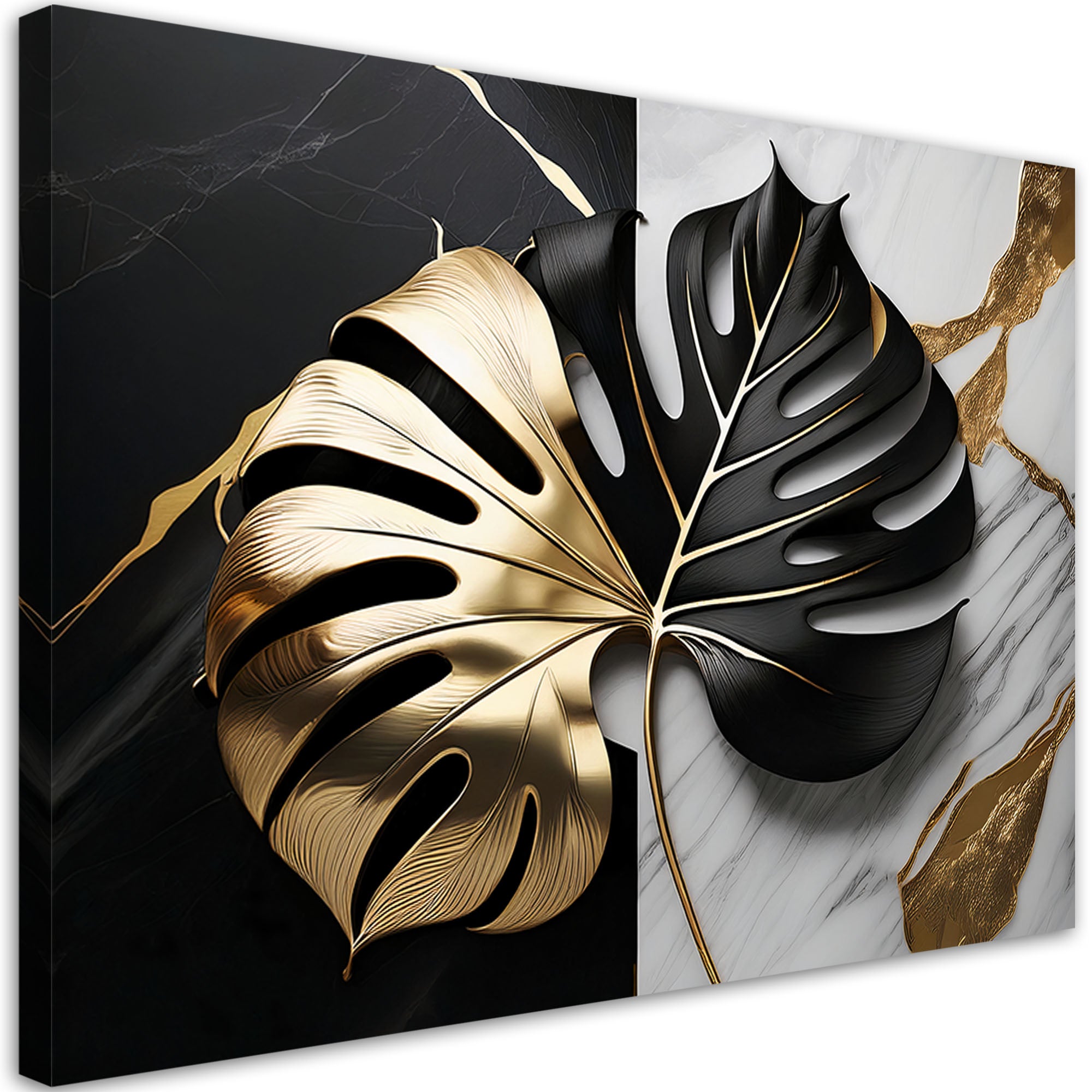 Obraz na płótnie, Monstera Złoto-Czarna Na Biało-Czarnym Tle 90x60
