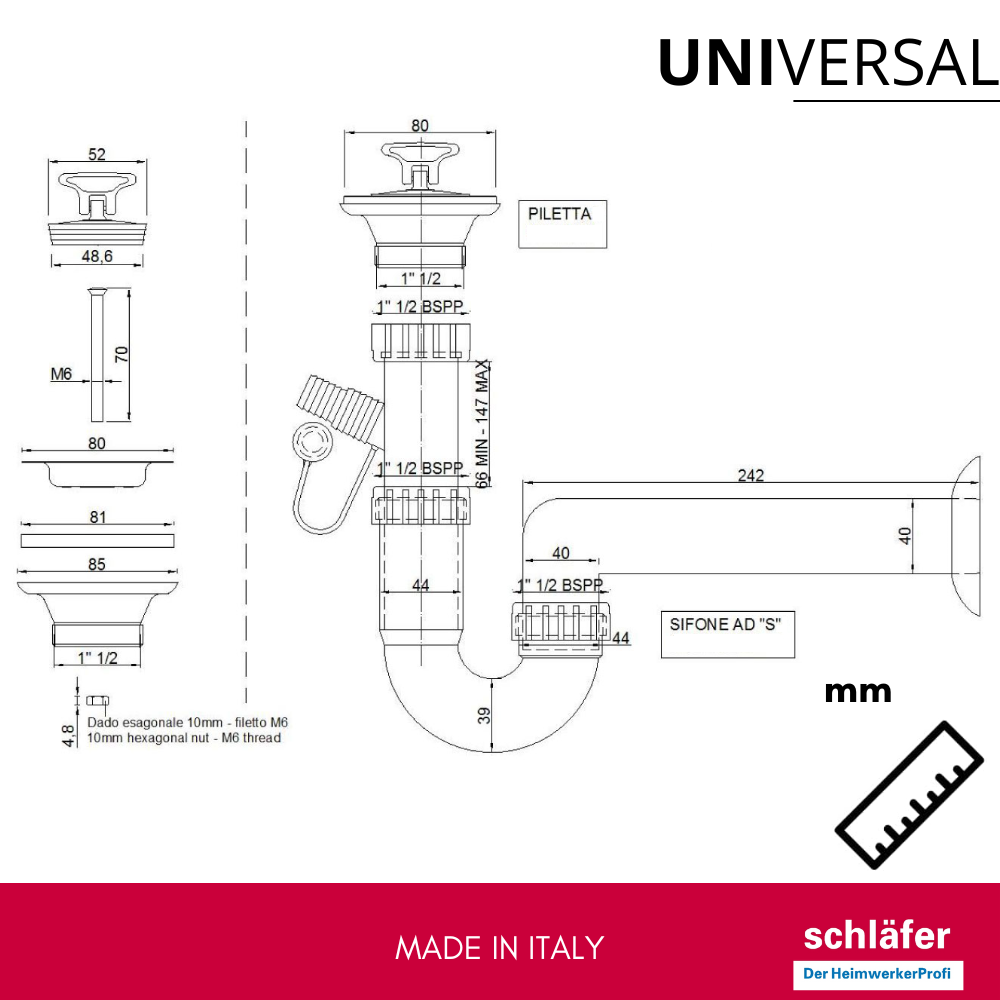 4395026 Schläfer | Raccordement lave-vaisselle Siphon pour évier, Kit de vidange de siphon universel G 1
