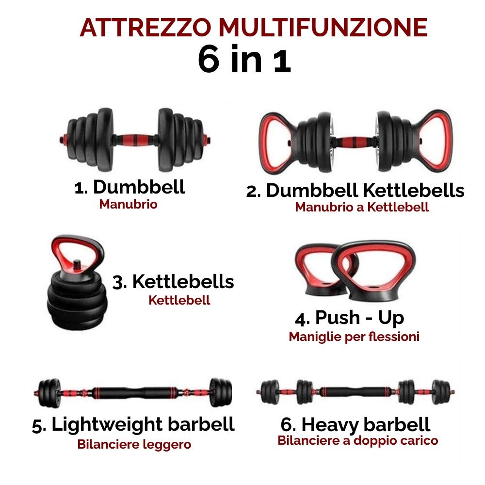 Set Manubri Set Pesi SPORTNOW 4 In 1 Da 30kg | Manubri, Bilanciere, Kettlebell | Pesi Regolabili In Plastica Set Allenamento Multifunzione