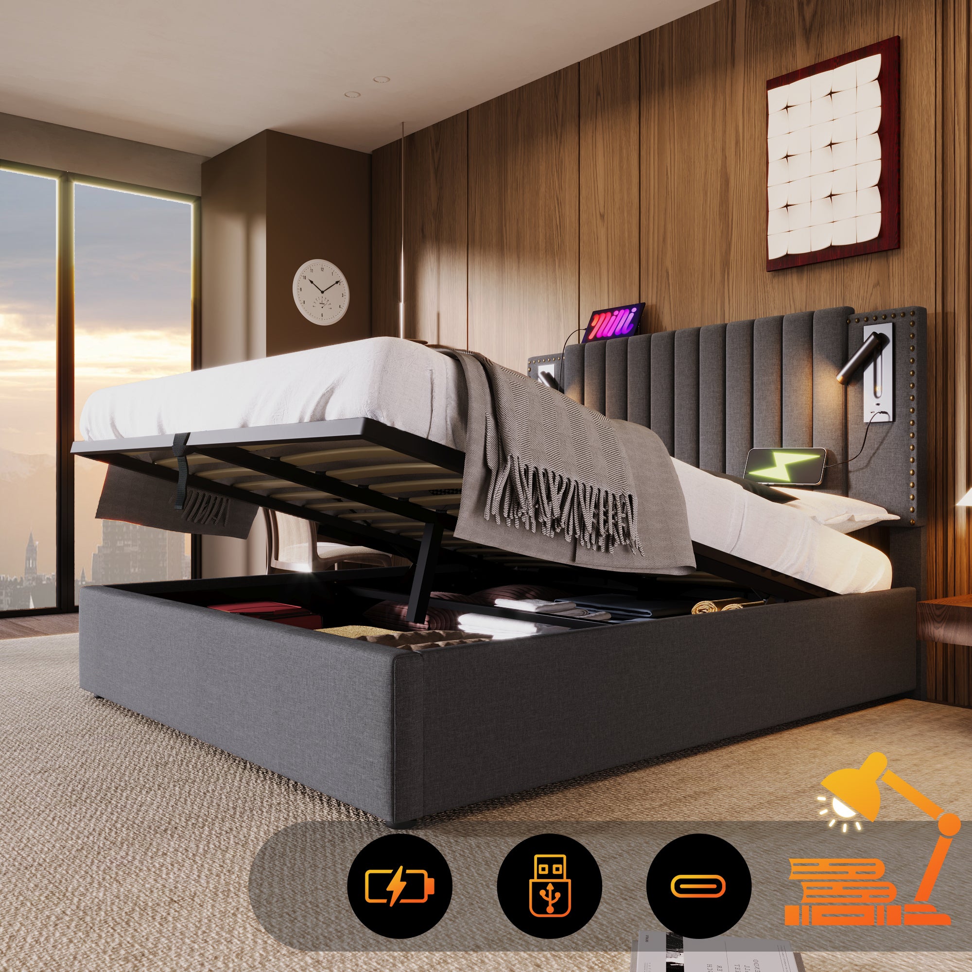 Cama contenedor de tela de algodón de 180x200 cm - con luces de lectura y puertos de carga USB - con somier - Gris - 2