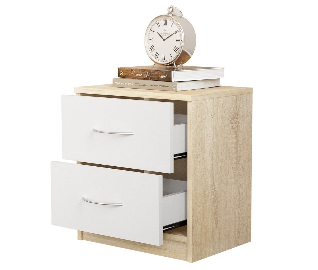 Mesita de noche habitación 2 cajones Roble / Blanco melamína 41x39x28 cm Dormidán - 2