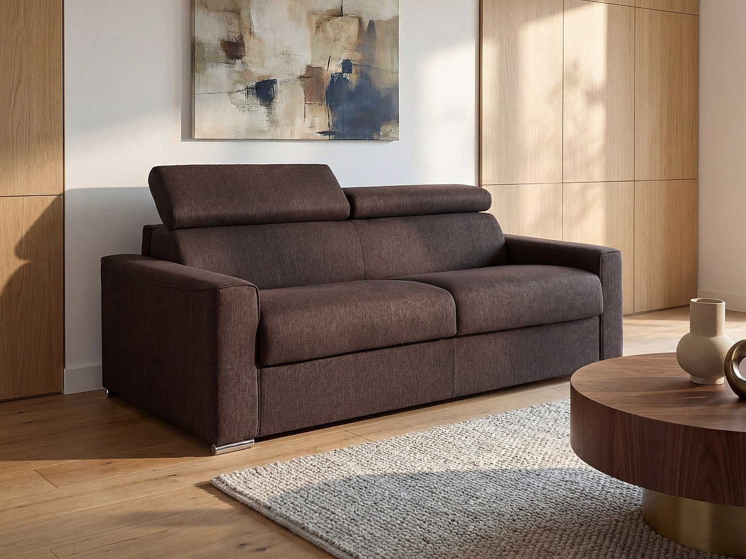 Kanapa 3-osobowa z ekspresowym mechanizmem rozkładania z tkaniny VIZIR - Kolor: brązowy - Wymiary miejsca do spania: 140 cm - Materac 18 cm