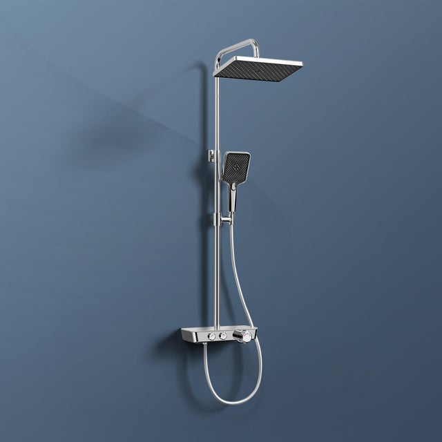 EMKE Colonna doccia termostatica, doccetta a 3 livelli con getto a cascata, set doccia con ripiano in vetro, certificazione KTW, cromo