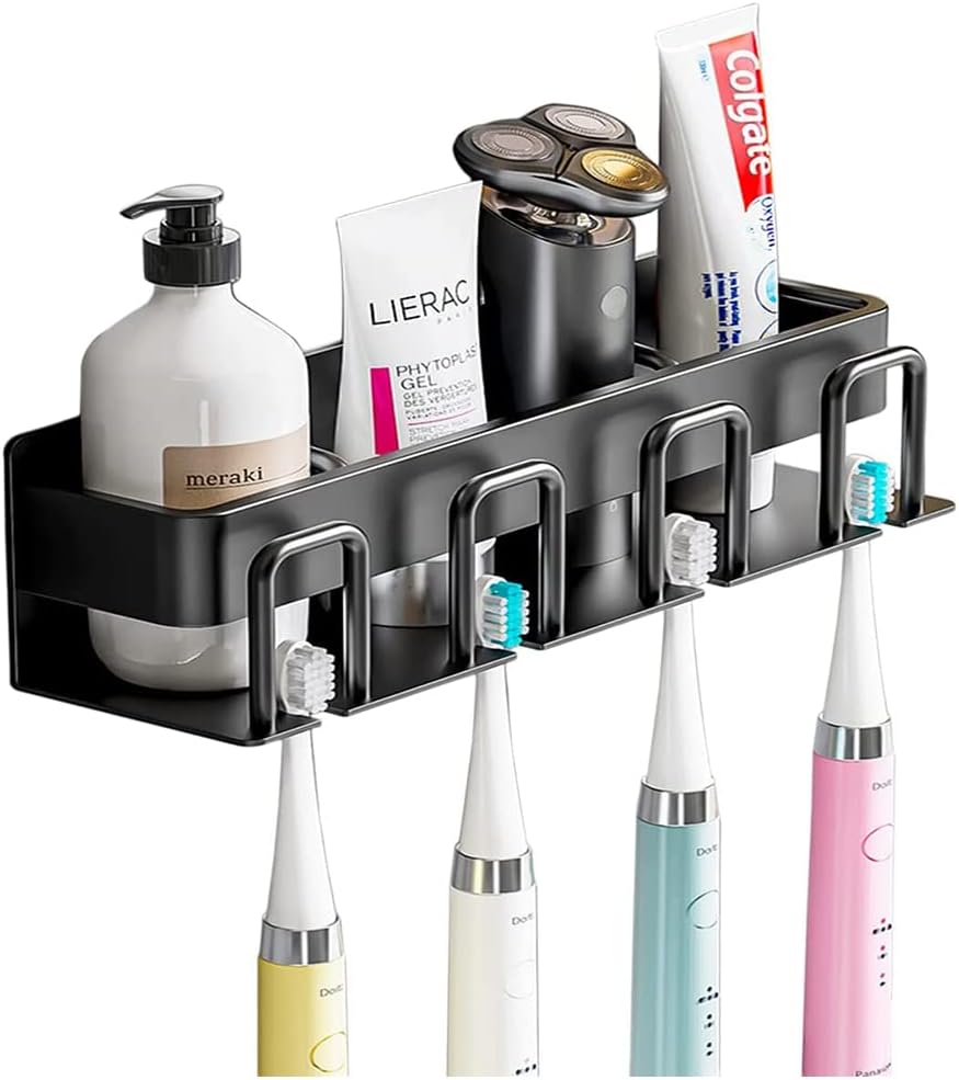Portaspazzolino Da Parete 4 Scomparti Con Dispenser Dentifricio E 2 Bicchieri Rovesciabili - Nero