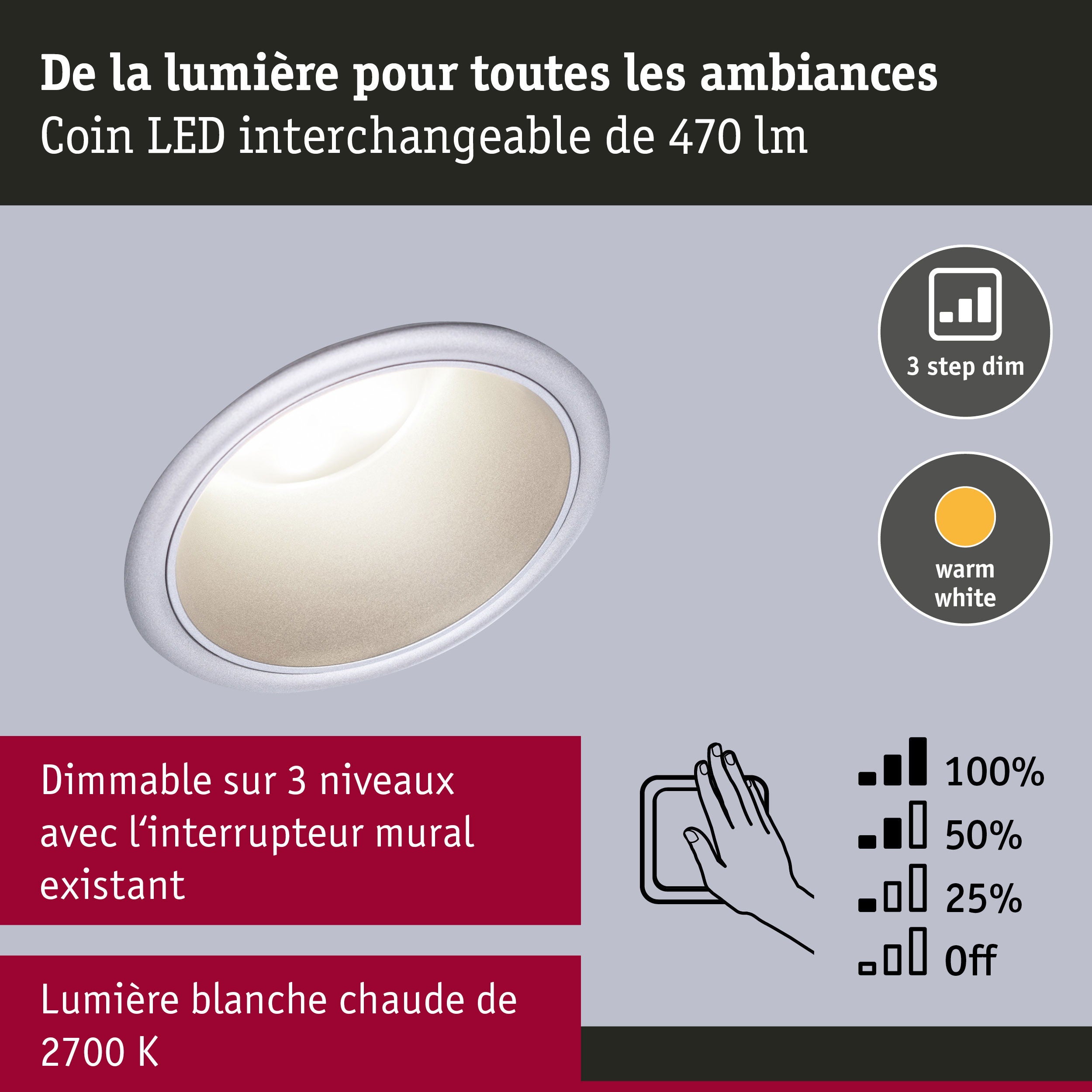 Spot encastré LED 3-Step-Dim Cole Coin Kit de 6 IP44 rond 88 mm Coin 6x6W 6x470lm 230V gradable 2700K Argent mat - 6
