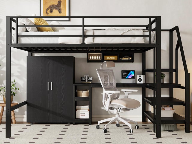 Letto a soppalco in metallo 140x200 cm - con scrivania, armadio e scala contenitore - Nero