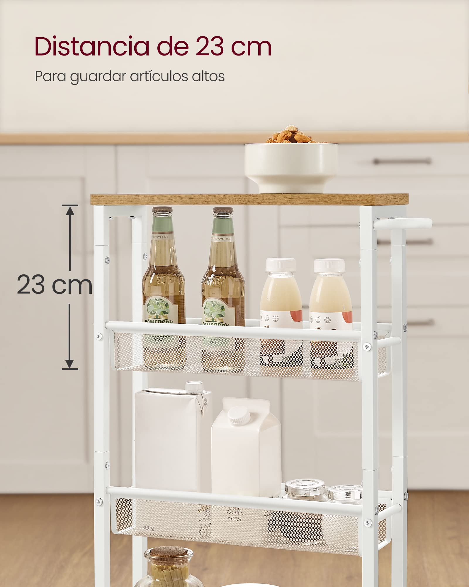 Desserte 4 Niveaux, Étagère de Cuisine Fin avec roulettes, Desserte Mobile, Cadre en Acier, Poignée, Petit Espace, Couleur Chêne et Blanc - 6