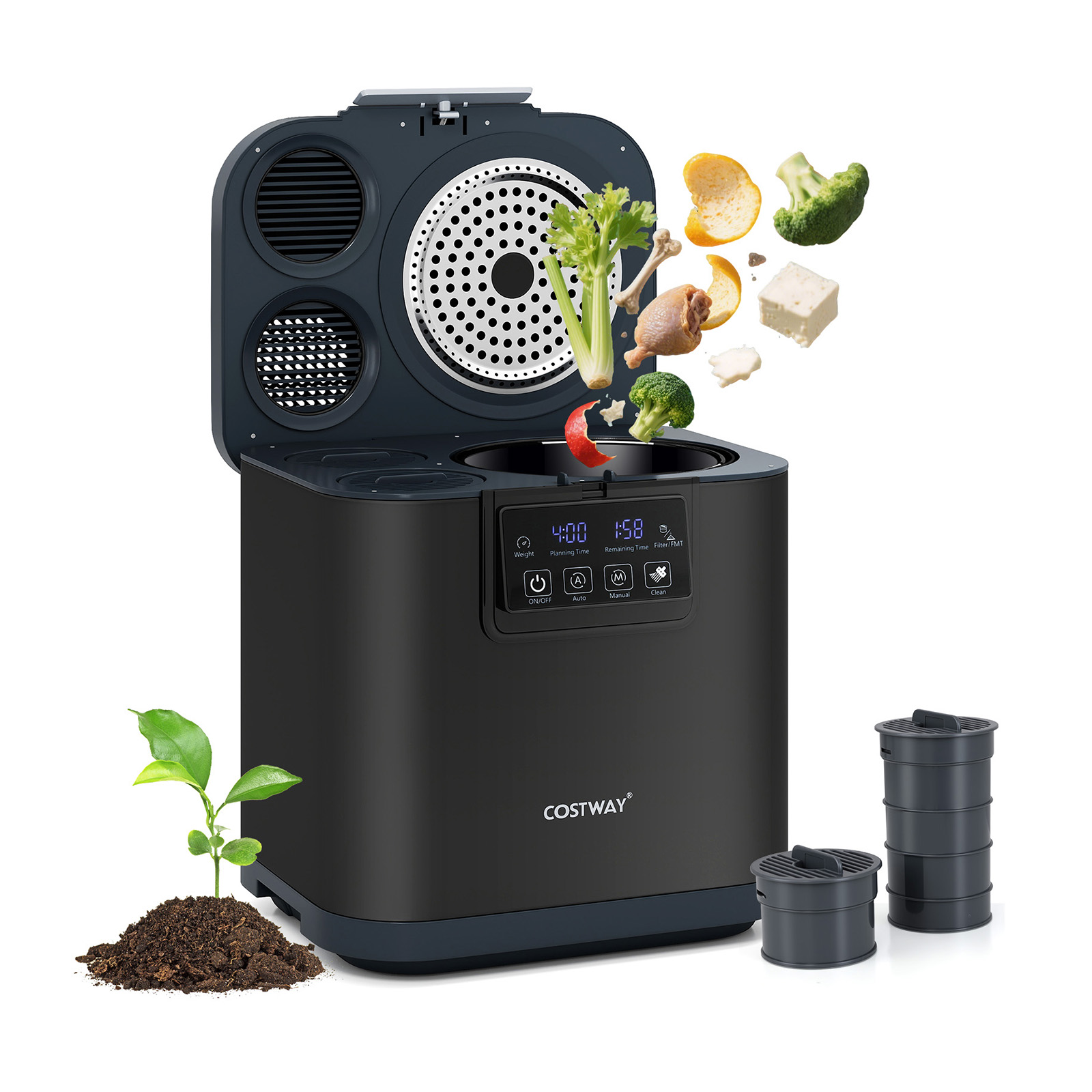 Kompostownik elektryczny 4 l, z pokrywką, 2 filtry z węglem aktywnym i wyświetlaczem LED, samoczyszczący i automatyczny,do kuchni, ogrodu i na
