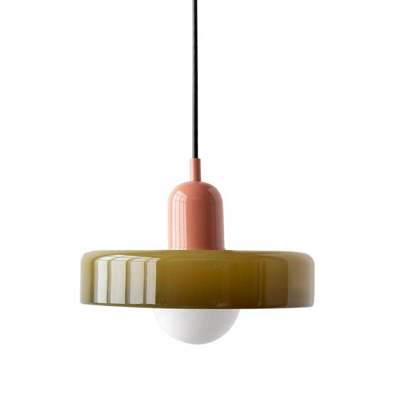 Lustre Bauhaus, abat-jour en vitrail, lumière tricolore, verre vert de 25 cm + pied de lampe rose - 9