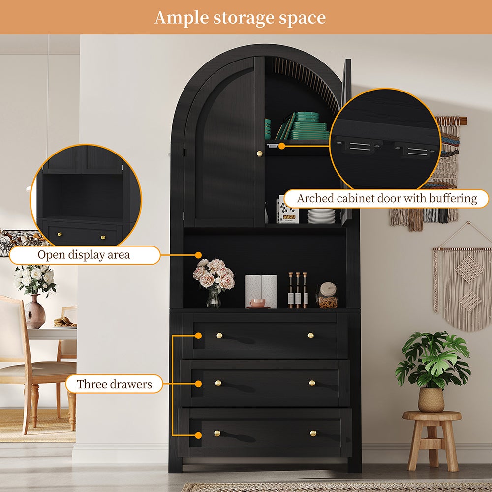 Armoire haute rangement, tiroirs/portes, étagères courbées noires, espace exposition ouvert - 4