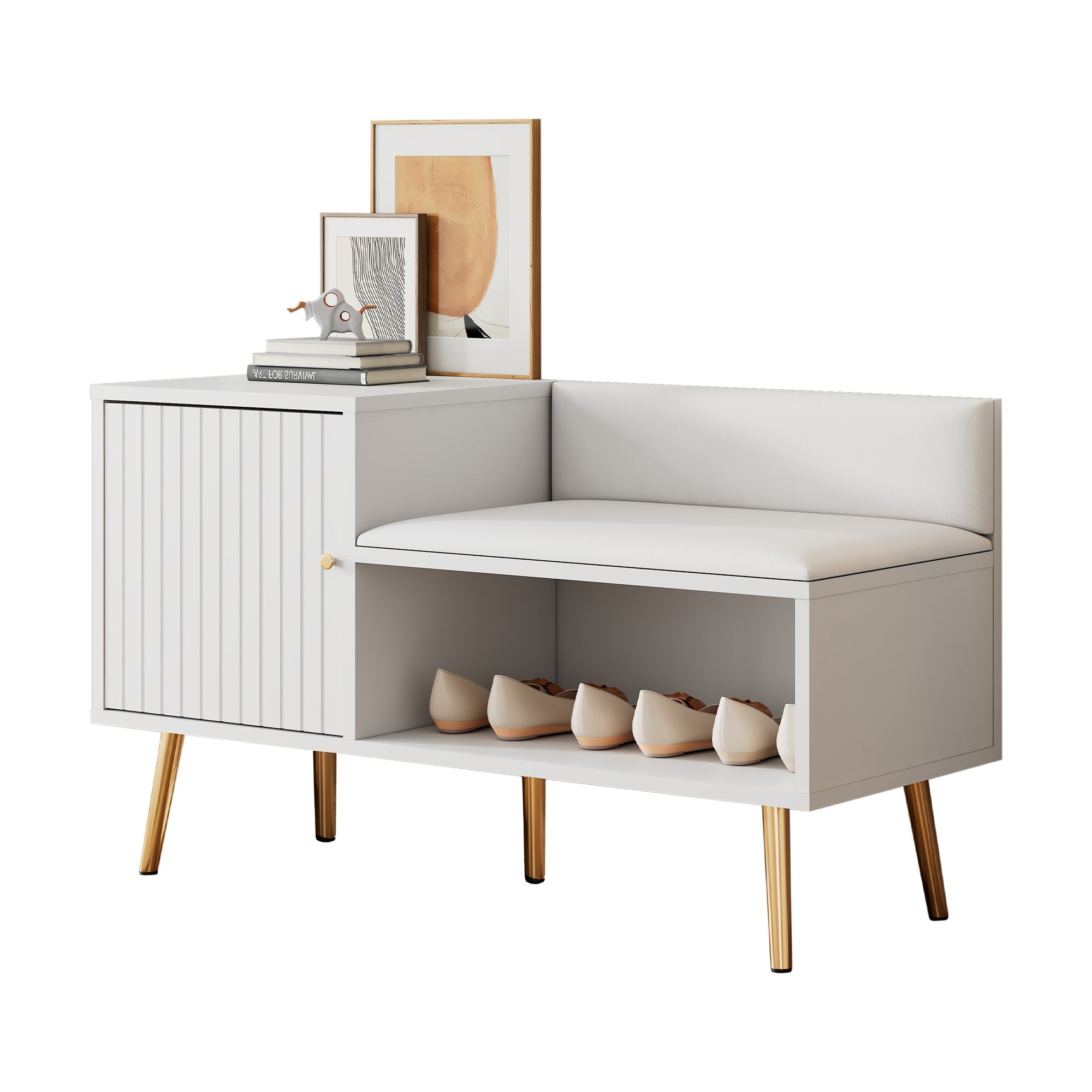Banc coffre luxueux blanc avec rangement, siège rembourré, dossier, poignées métal, 100x40x58 cm - 4