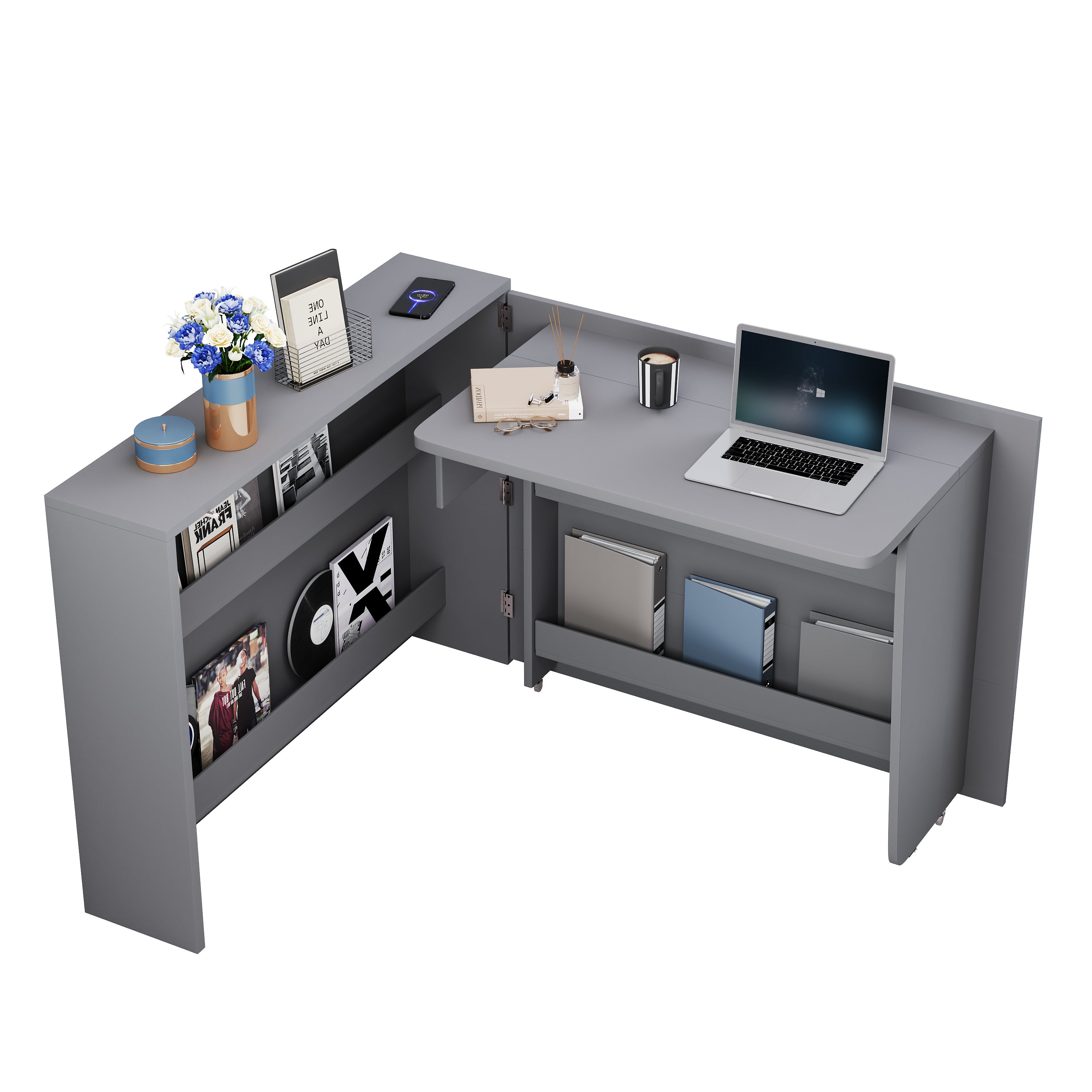 Bureau pliable 115x27x93 cm - avec fonction de charge sans fil - avec étagères et roulettes - Finition haute brillance - Gris - 6