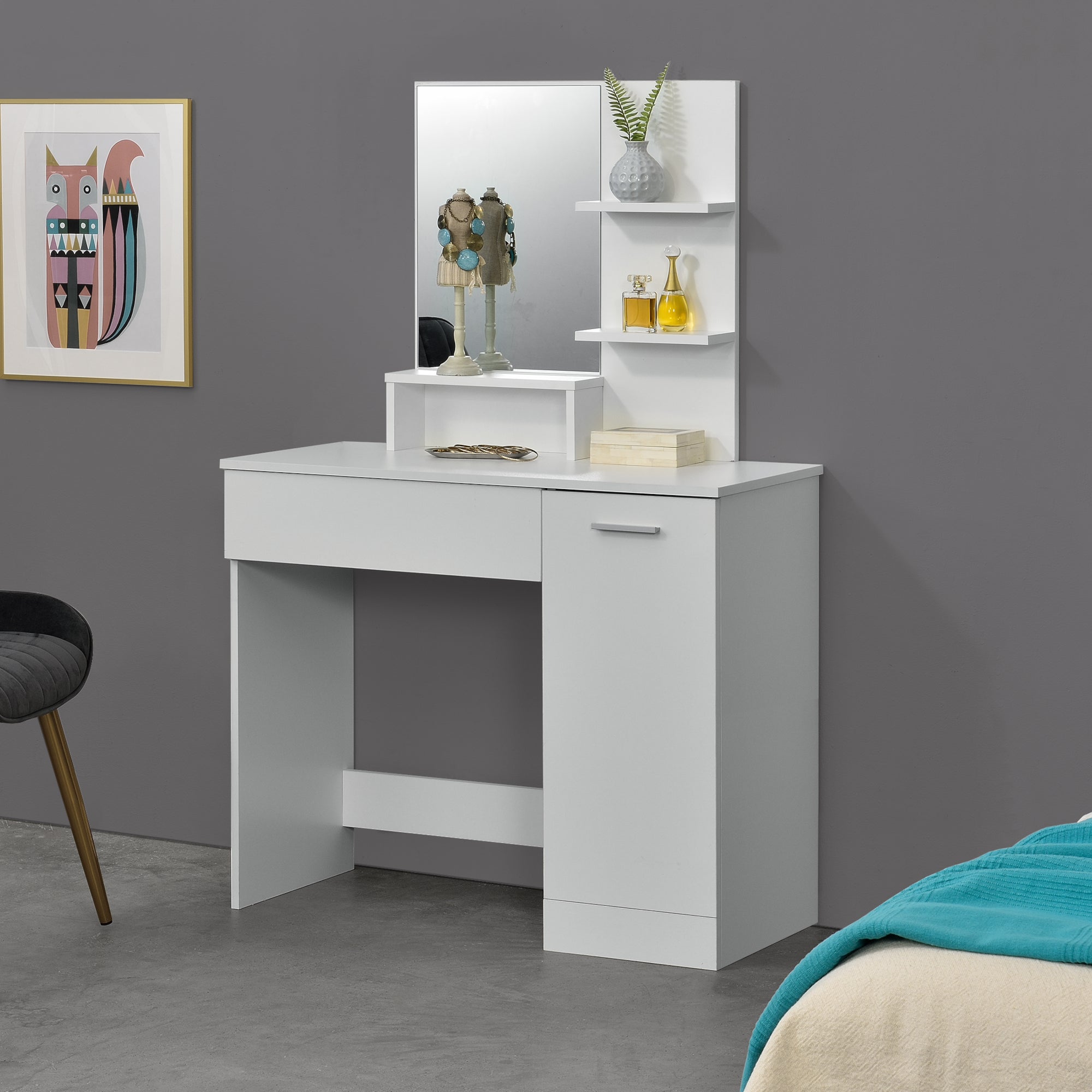Gecheer Tavolo Da Trucco Con Specchio, 74x40x141 Cm, Con 2 Ripiani E Cassetto, Vanità Per Ragazze, Camera Da Letto, Moderno