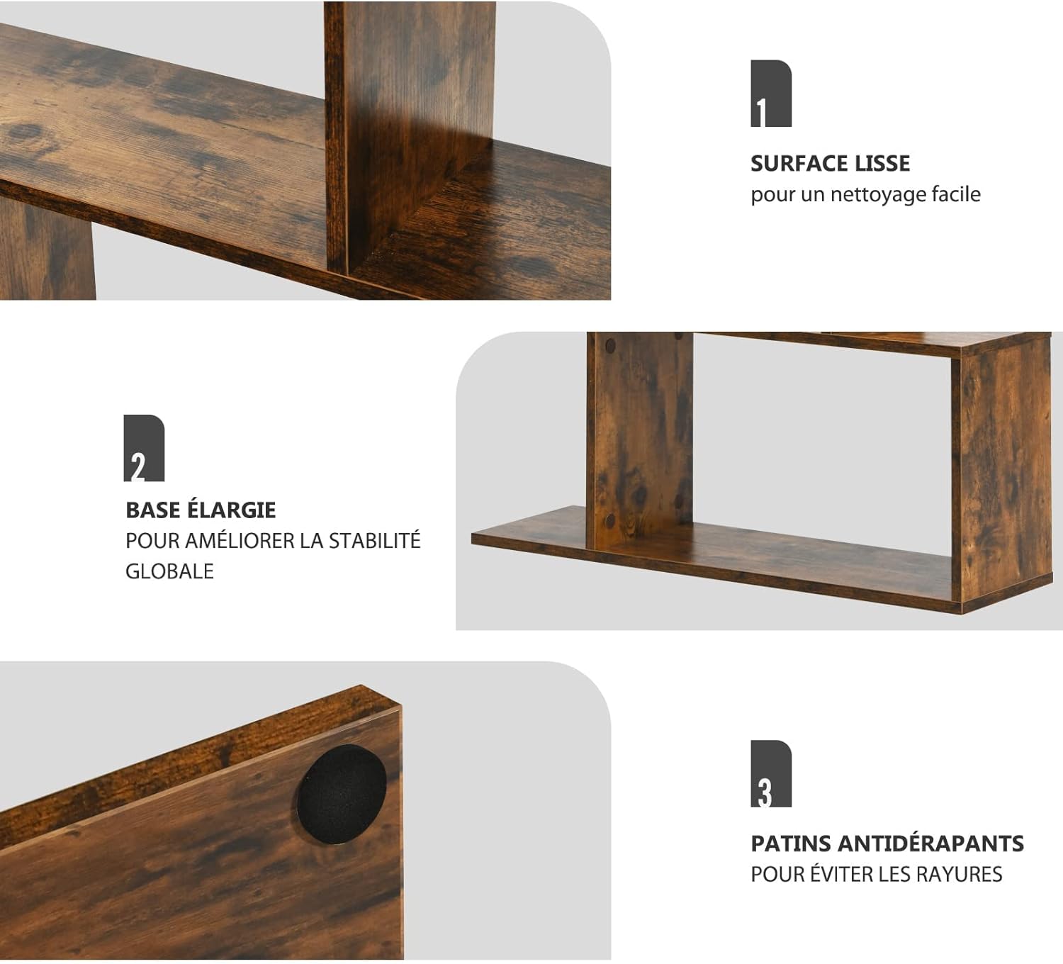 Bibliothèque en Forme S, 80 x 23 x 191 cm Étagère de Rangement à 6 Niveaux, Style Moderne Industriel avec Dispositif Anti-Basculemen, Café - 4