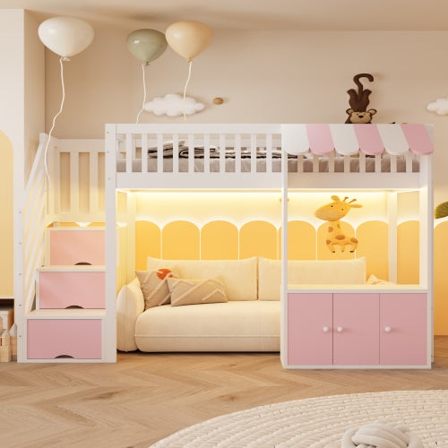 Lit superposé Enfant 90X200 avec armoire et LED, Lit mezzanine avec escalier de rangement et sommier à lattes, Rose(Sans Matelas) - 4