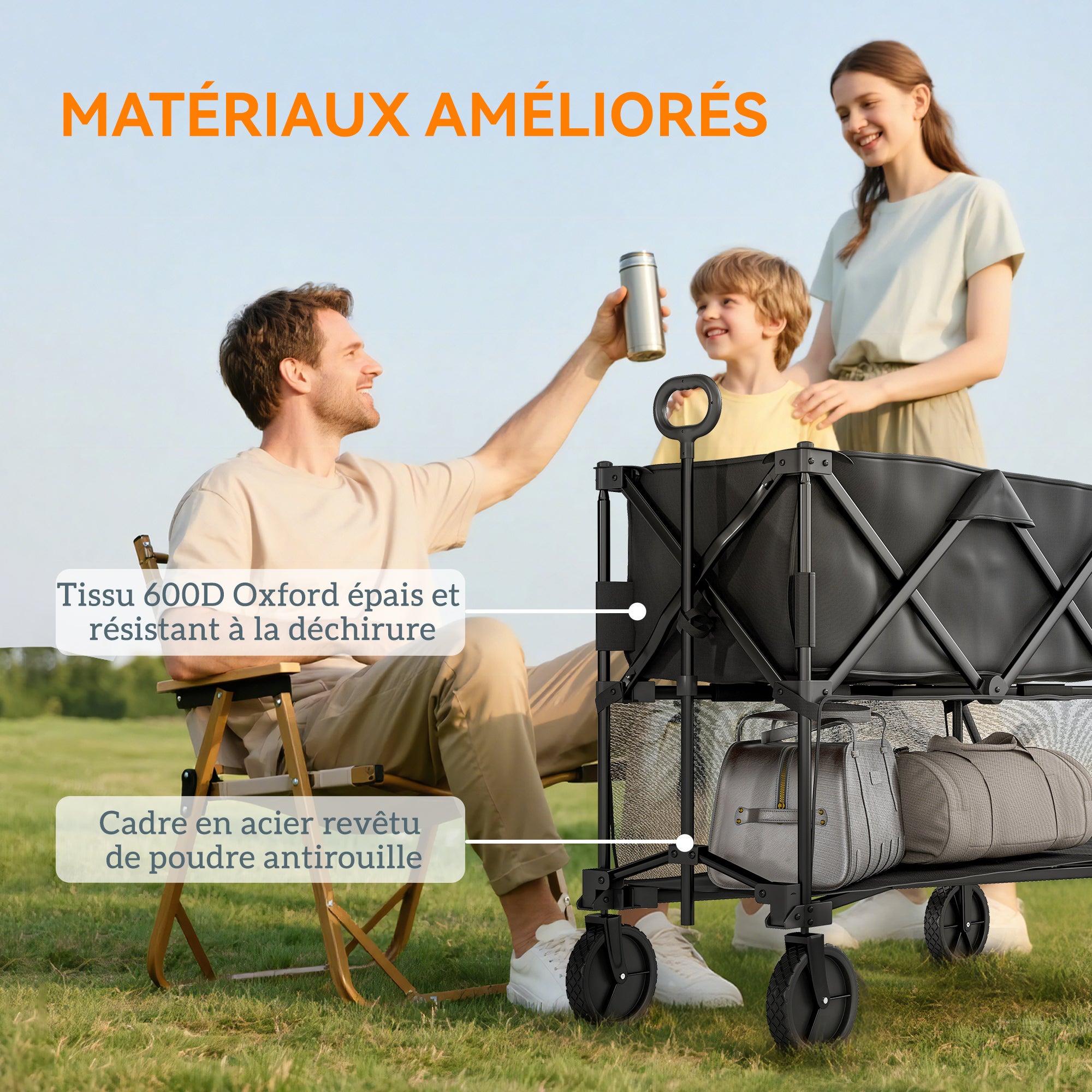 Chariot de jardin - Outsunny - pliable - 350L charge max 200 kg - deux étages - avec roues tout terrain - pour extérieur - noir - 8