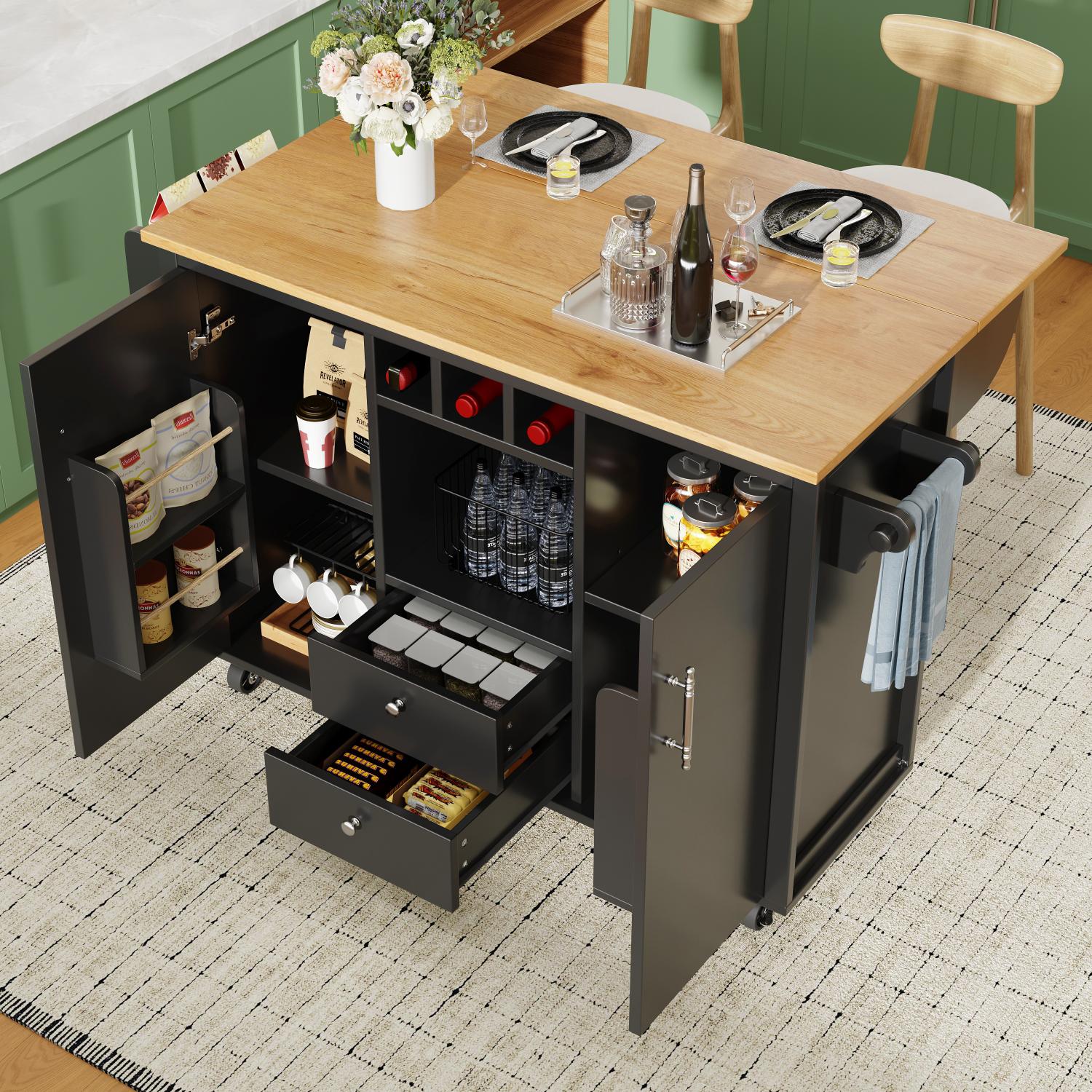 Îlot De Cuisine Mobile Avec Multiprise - Plan Pliable, 2 Tiroirs, 2 Portes - Roulettes Freinées - Noir - Dimensions 151,5x84,7x91,7 Cm - 9