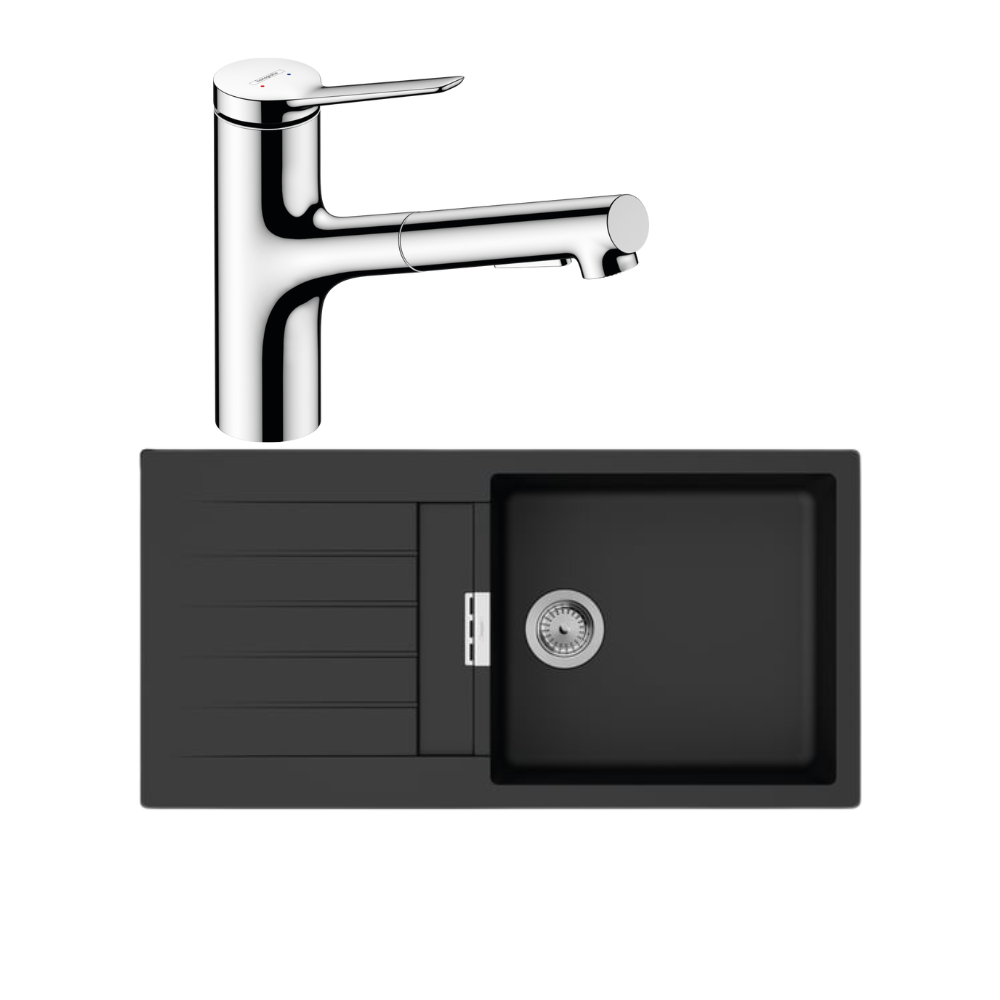 S52 Sign Fregadero 1 seno 980 HANSGROHE S52 negro síntesis + grifería de cocina ...