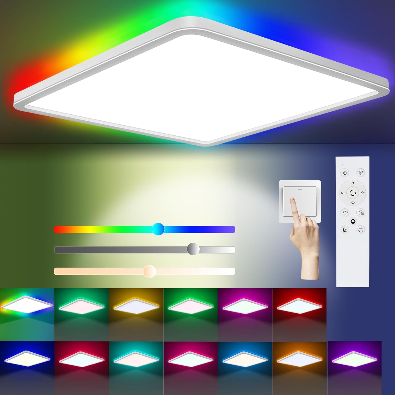 Ściemnialna lampa sufitowa LED z pilotem, 24 W, 13RGB, 3200 lm, lampa sufitowa, 3000 K-6500 K, wodoodporna, IP54, kwadratowa, nowoczesna lampa sufitow
