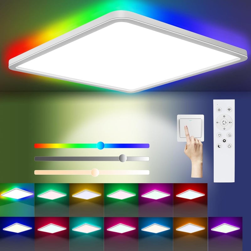 Ściemnialna lampa sufitowa LED z pilotem, 24 W, 13RGB, 3200 lm, lampa sufitowa, 3000 K-6500 K, wodoodporna, IP54, kwadratowa, nowoczesna lampa sufitow