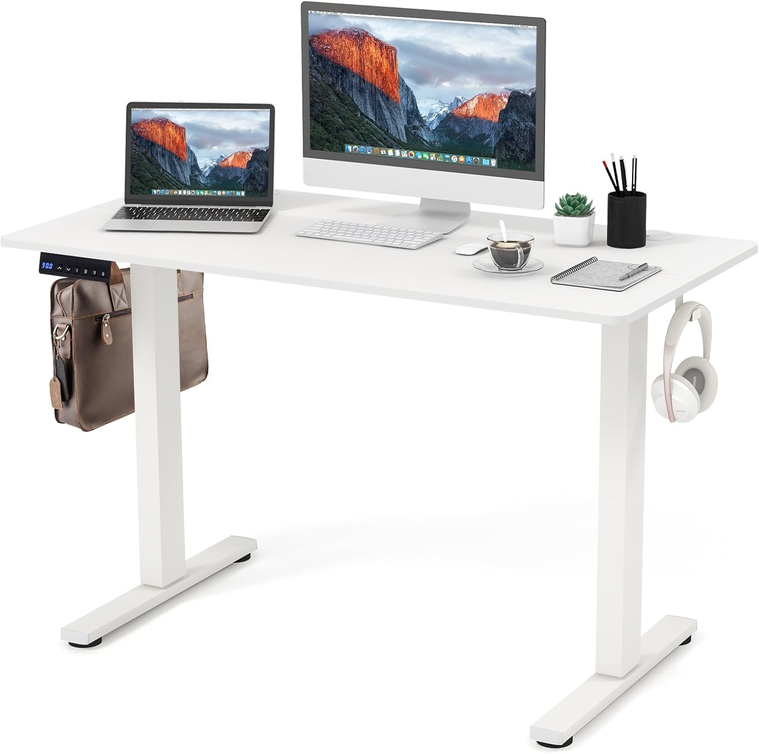 Biurko Stojąco-Siedzące 120x60 cm, Elektrycznie Regulowane Biurko z Inteligentnym Panelem Sterowania, Ergonomiczne z 3 Wysokościami w Pamięci (Białe)
