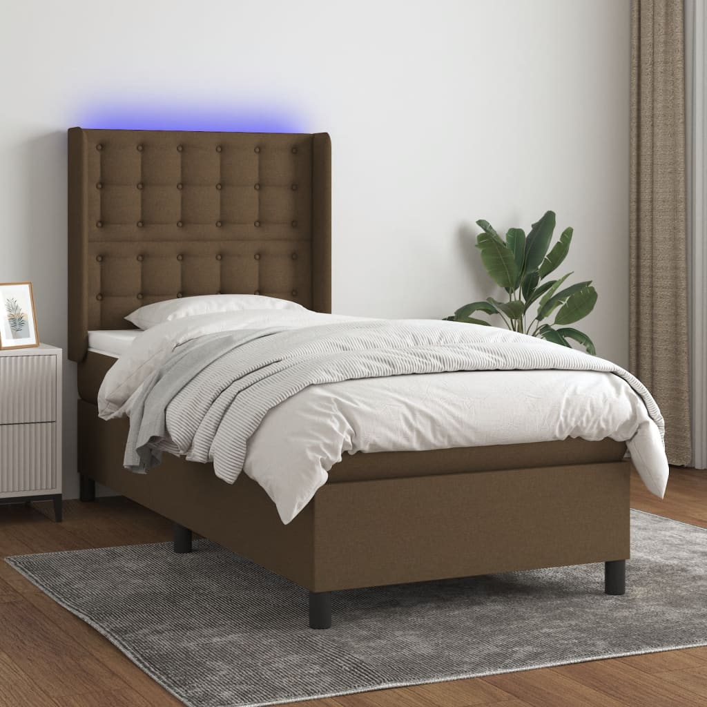 Cama box spring colchón y luces LED tela marrón oscuro 90x200cm | Leroy ...