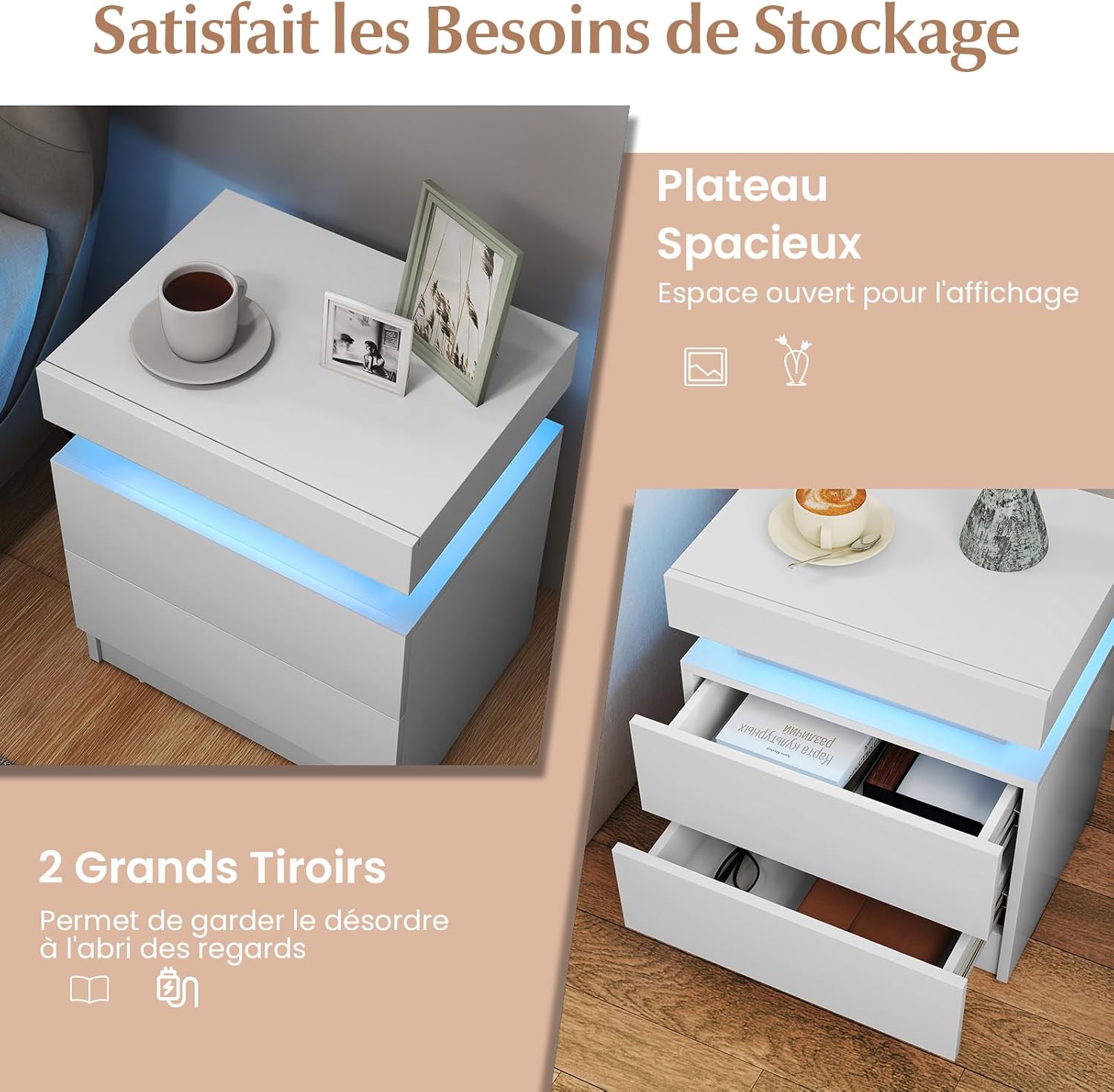 Comodino LED, comodino in finto marmo con 2 cassetti, illuminazione LED a 20 colori, telecomando, tavolino da salotto, 45 x 35 x 52 cm (bianco) - 3