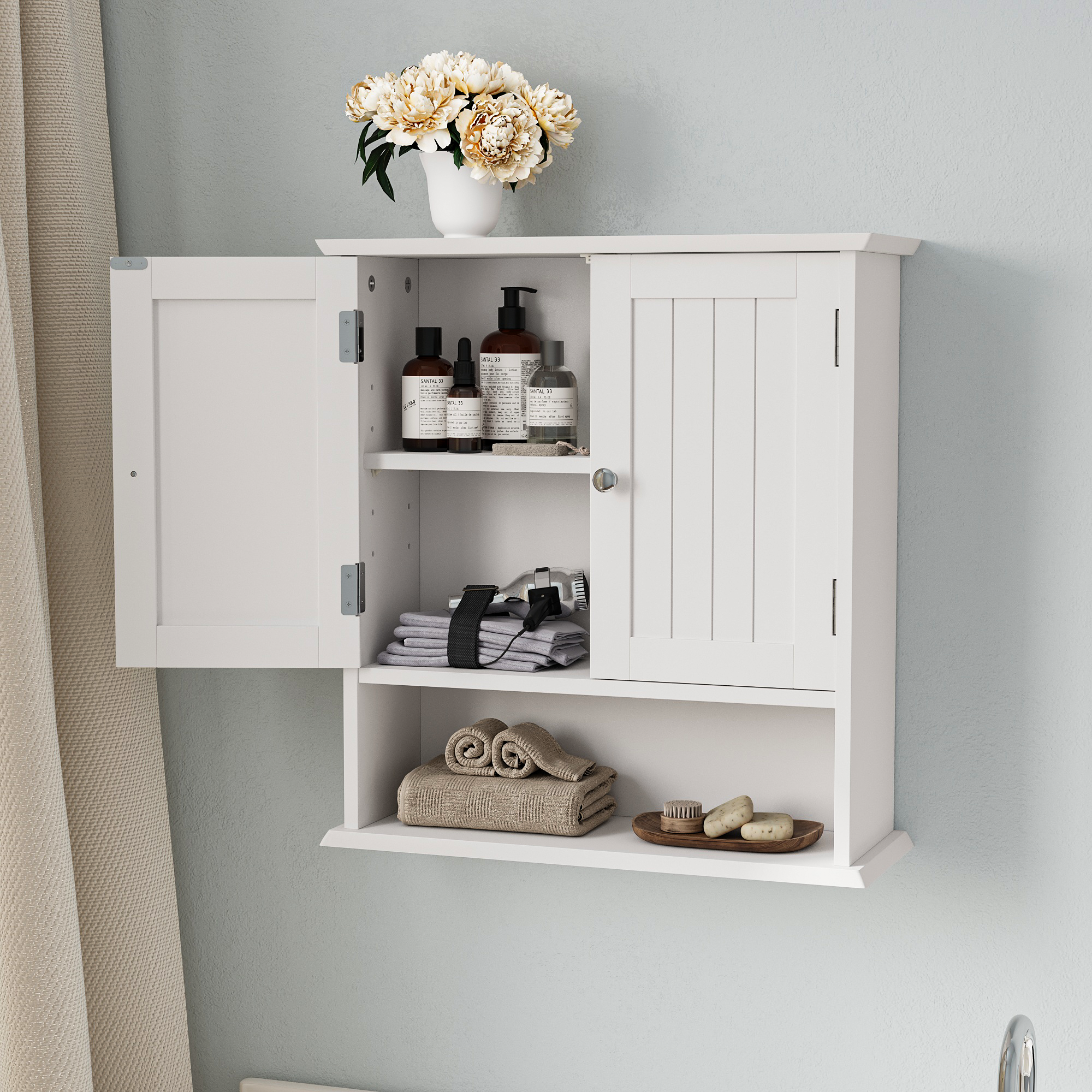 Armoire de salle de bain murale blanche, armoire à pharmacie avec portes doubles et étagères réglables, armoire murale de salle de bain au-dessus de l - 4