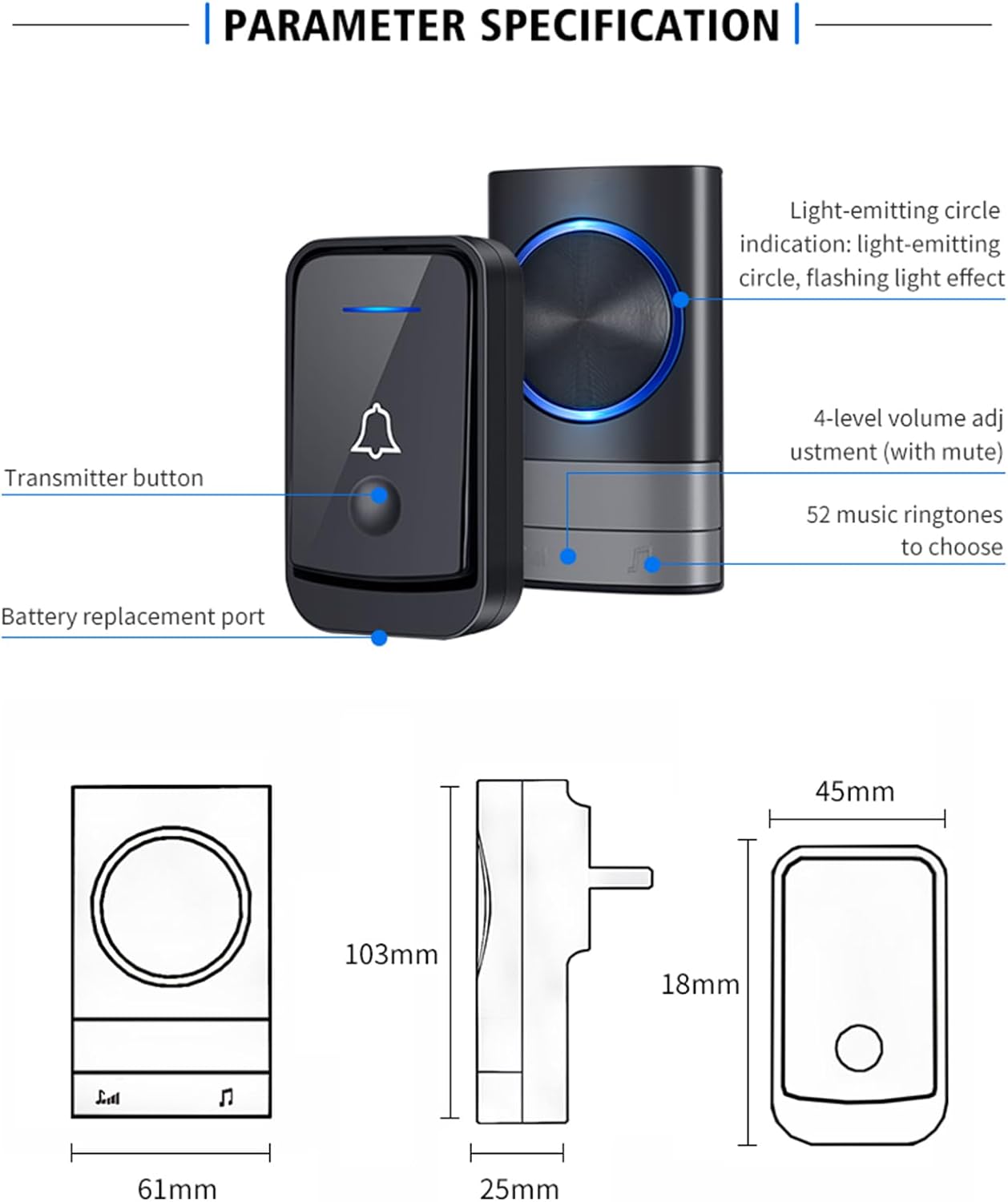 Sonnette sans Fil, IP44 Exterieur Etanche Carillon 400 Mètres,52 Mélodies et 4 Niveaux Volume, Kit de Carillon avec Récepteurs Enfichables,Voyant LED - 5