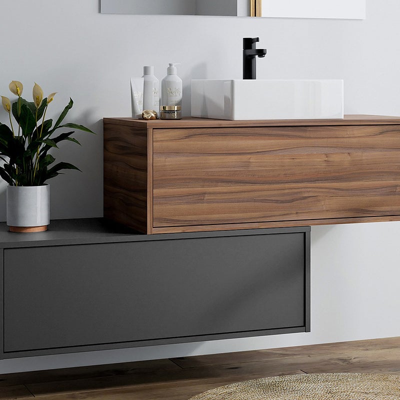 Szafka łazienkowa wisząca naturalna ciemna i antracytowa z pojedynczą umywalką - 94 cm - TEANA II